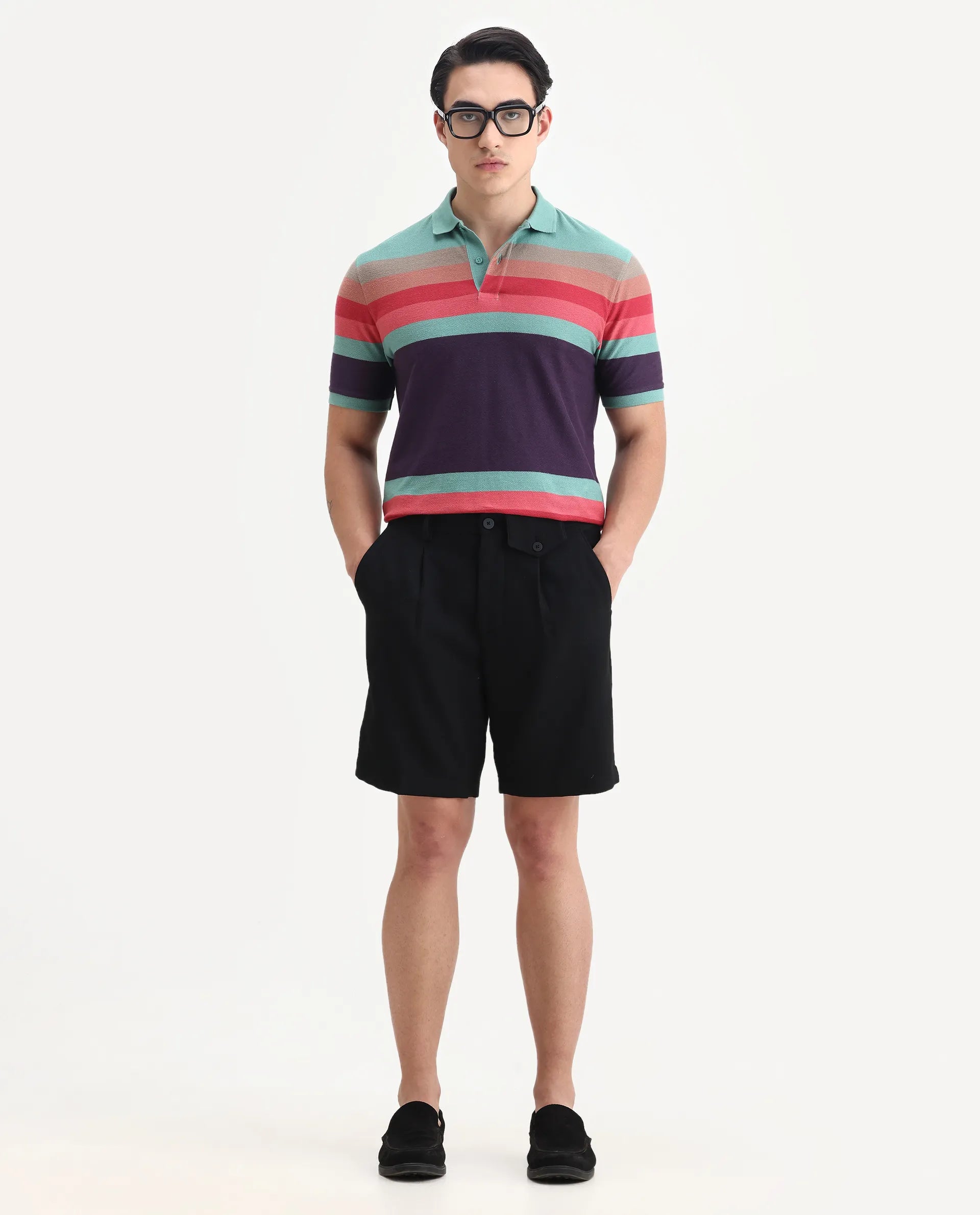 Rare Rabbit Men's Glasglow Green Cotton Striped Print Regular Fit Half Sleeve Polo