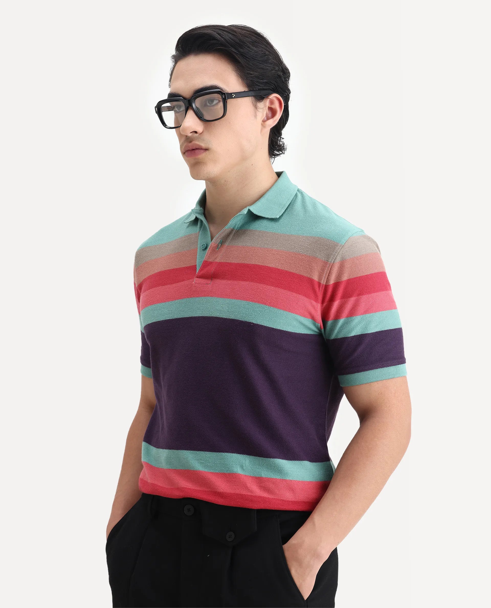 Rare Rabbit Men's Glasglow Green Cotton Striped Print Regular Fit Half Sleeve Polo