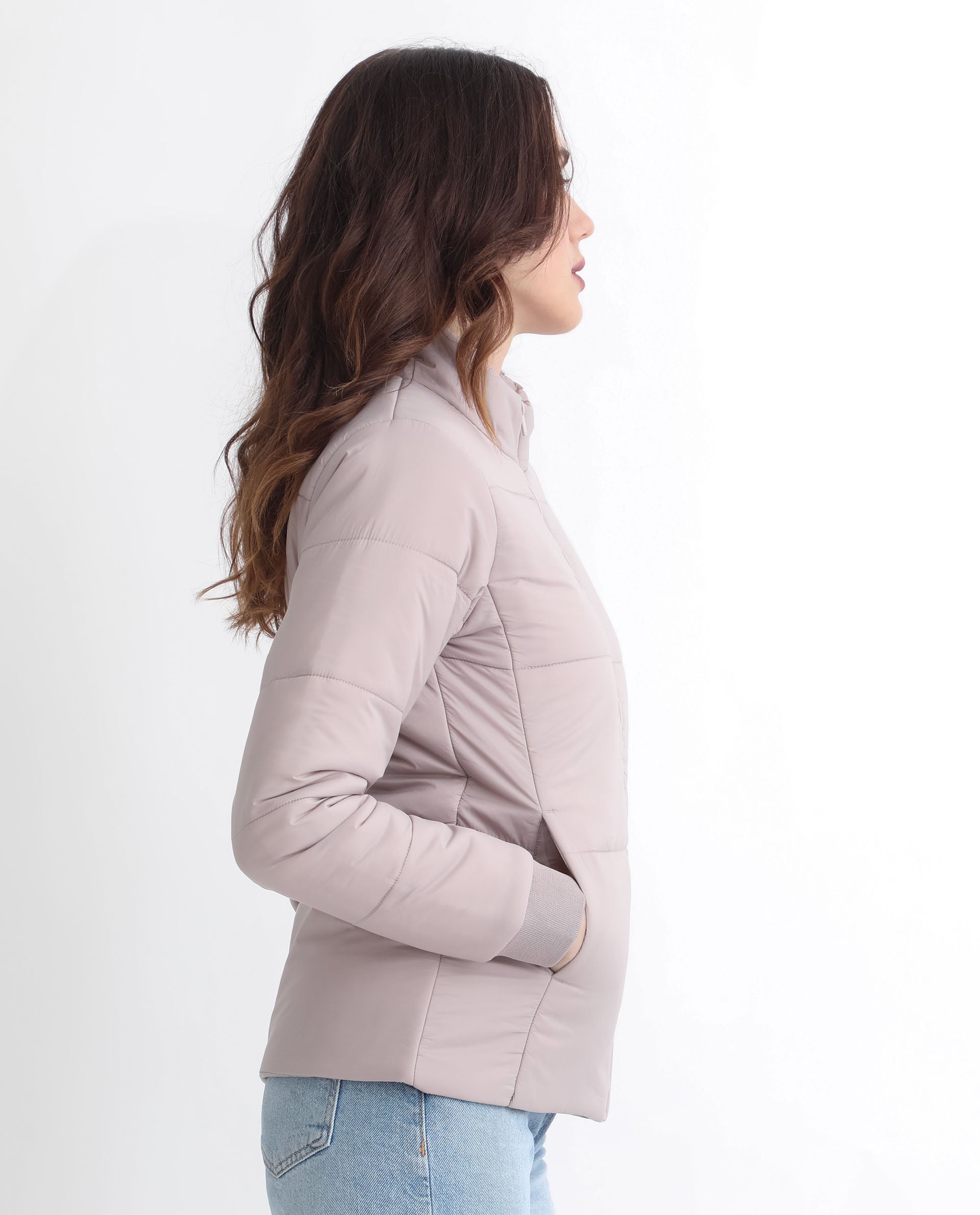 Rareism Women Glasha Ls Silver Polyester Fabric Full Sleeves Solid High Neck Jacket