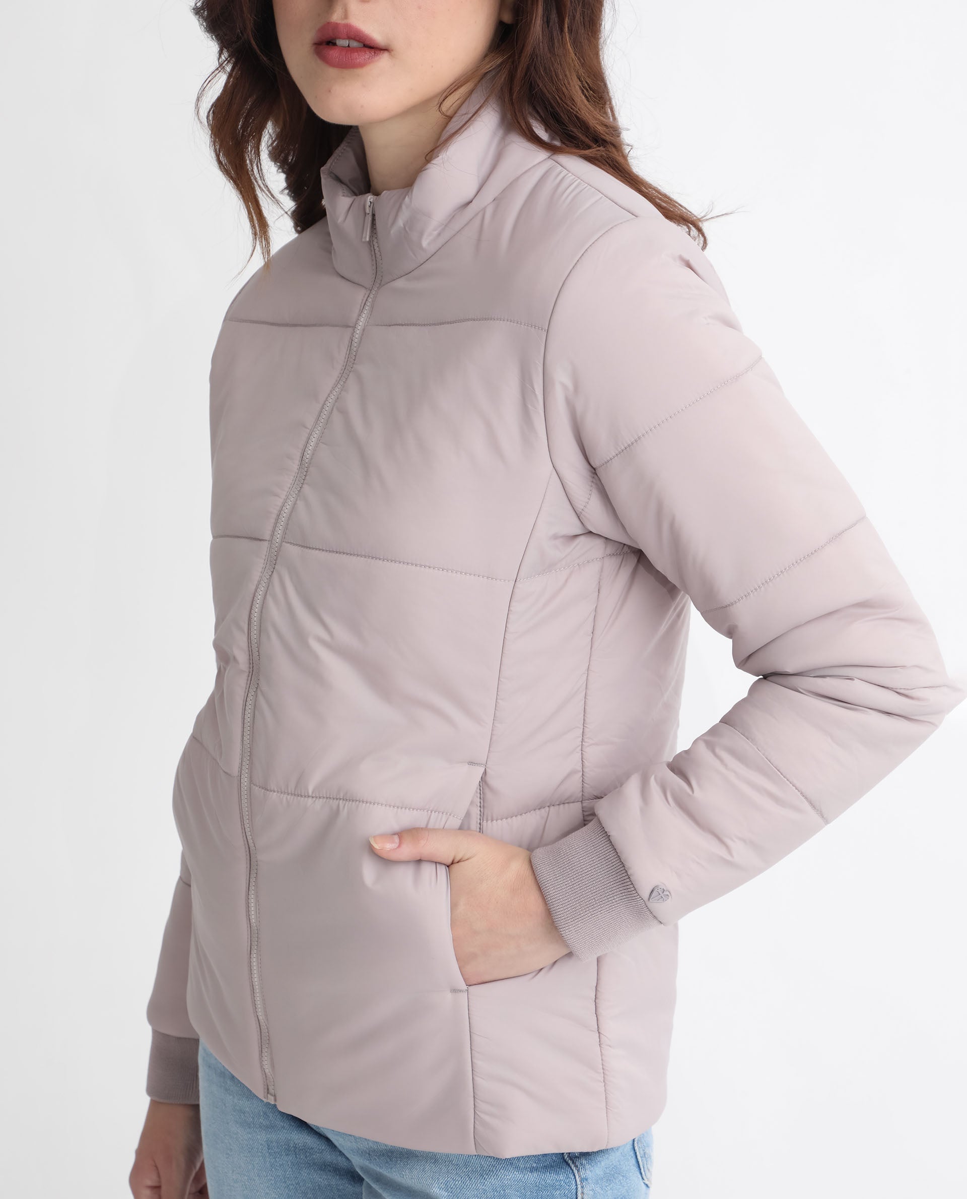 Rareism Women Glasha Ls Silver Polyester Fabric Full Sleeves Solid High Neck Jacket