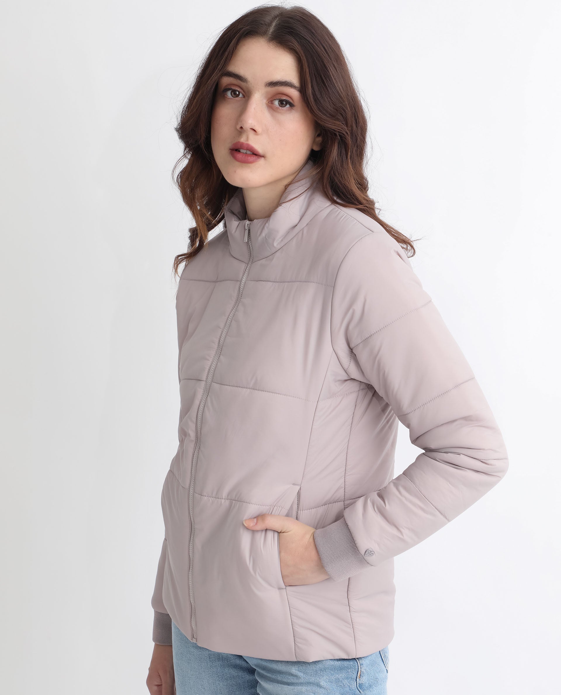 Rareism Women Glasha Ls Silver Polyester Fabric Full Sleeves Solid High Neck Jacket