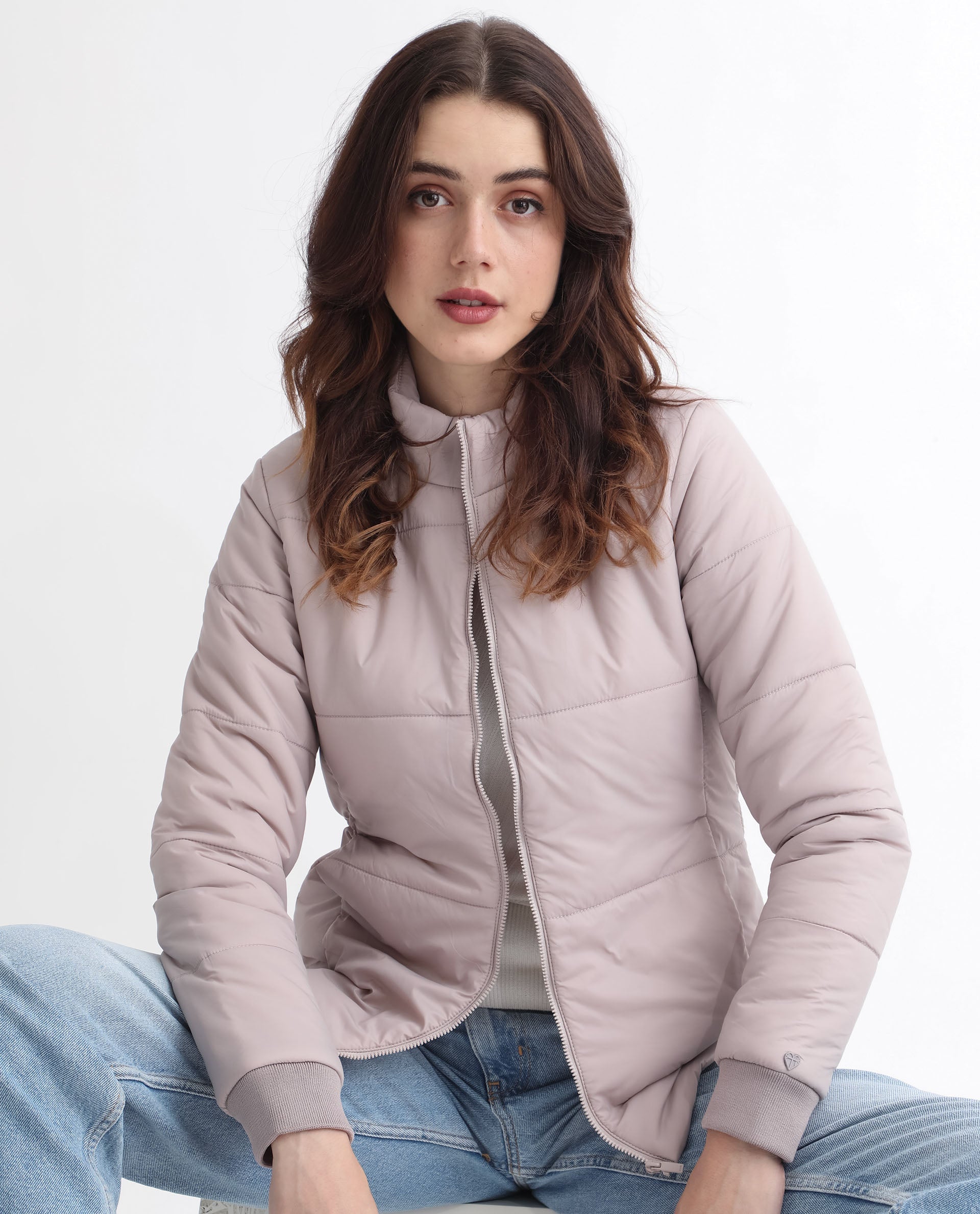 Rareism Women Glasha Ls Silver Polyester Fabric Full Sleeves Solid High Neck Jacket