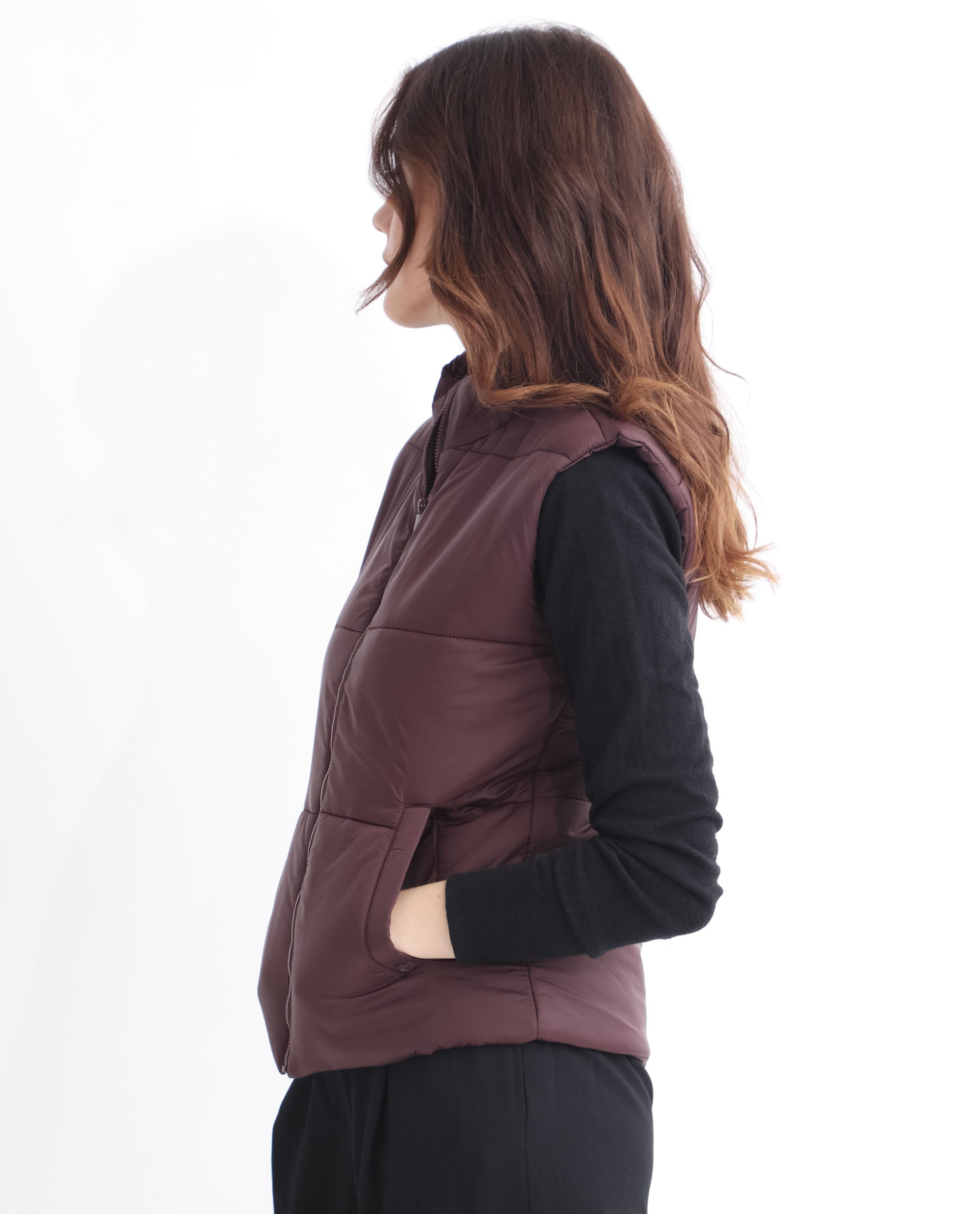 Rareism Women Glasha Sl Maroon Polyester Fabric Sleeveless Solid High Neck Jacket