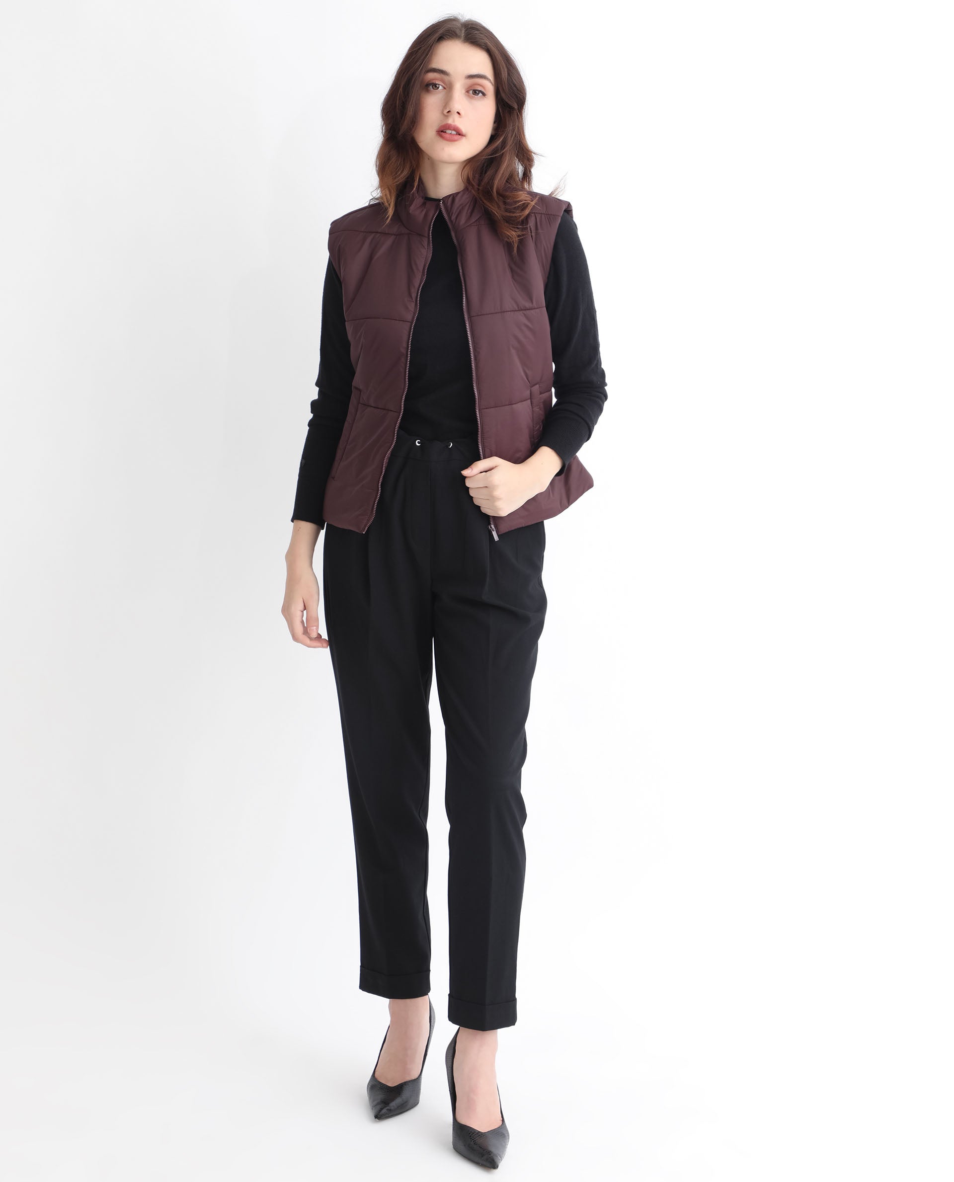 Rareism Women Glasha Sl Maroon Polyester Fabric Sleeveless Solid High Neck Jacket
