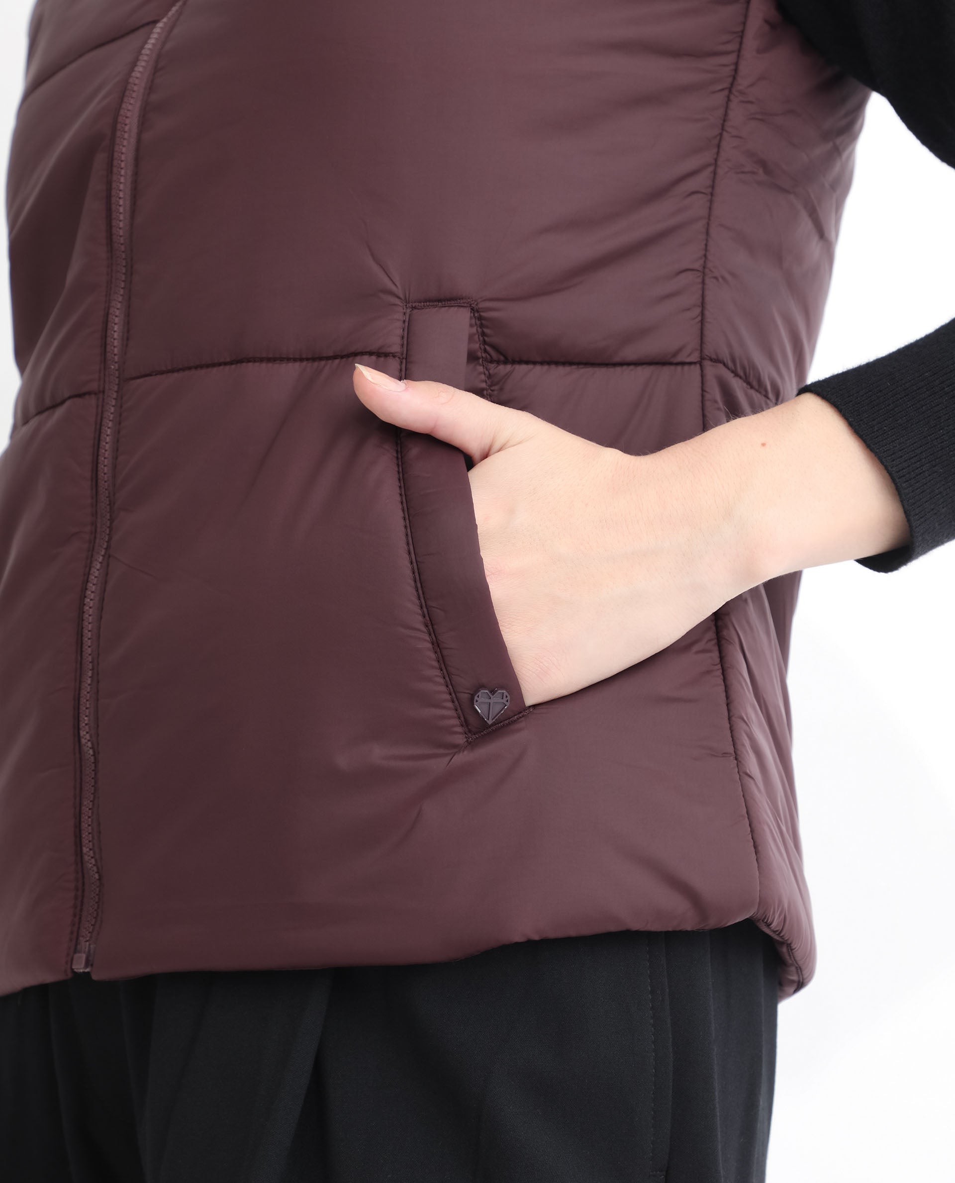 Rareism Women Glasha Sl Maroon Polyester Fabric Sleeveless Solid High Neck Jacket