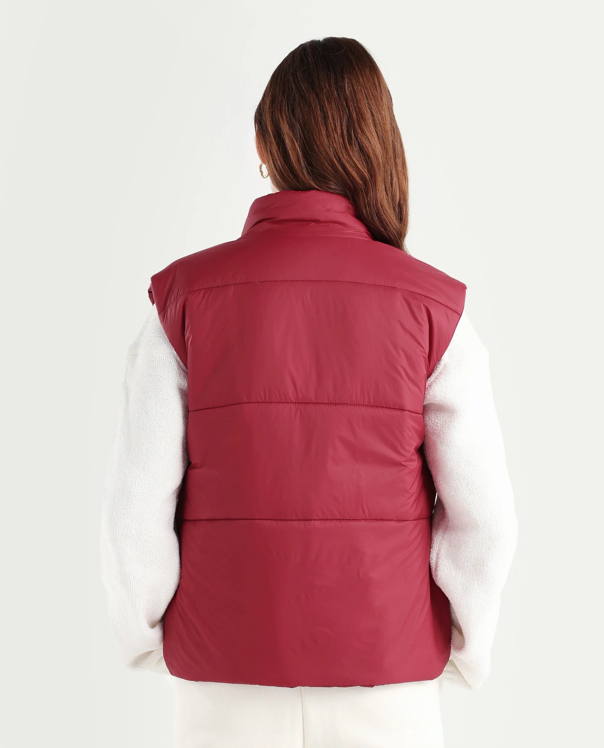 Rareism Women's Glasha Sl Red Polyester High Neck Plain Sleeveless Regular Fit Jacket