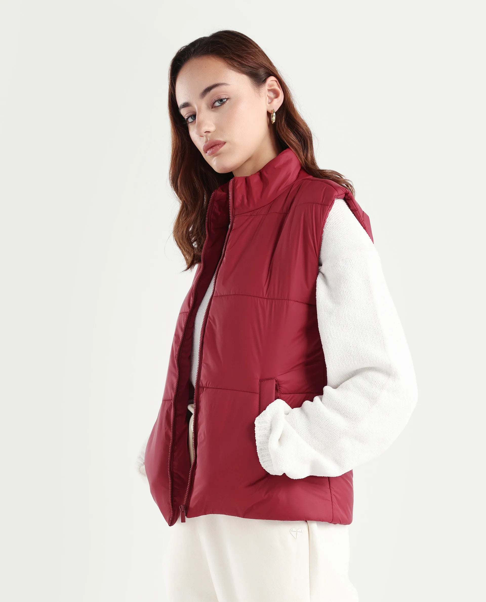 Rareism Women's Glasha Sl Red Polyester High Neck Plain Sleeveless Regular Fit Jacket