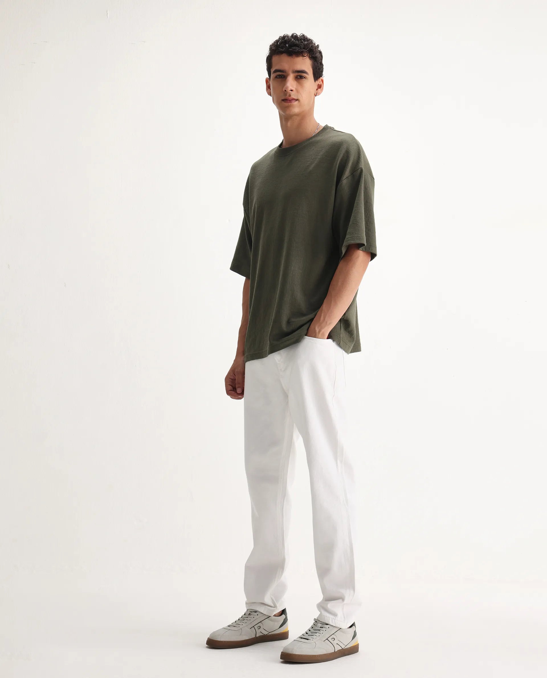 Rare Rabbit Men's Gleb White Cotton Plain Kurt Carrot Fit Jeans