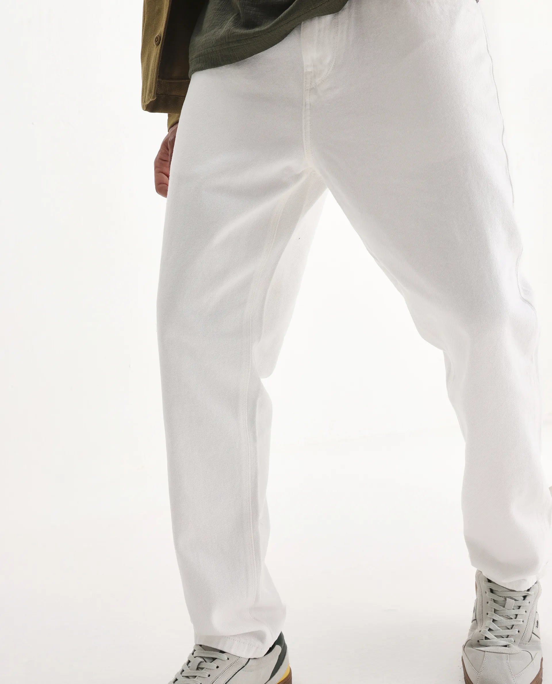 Rare Rabbit Men's Gleb White Cotton Plain Kurt Carrot Fit Jeans