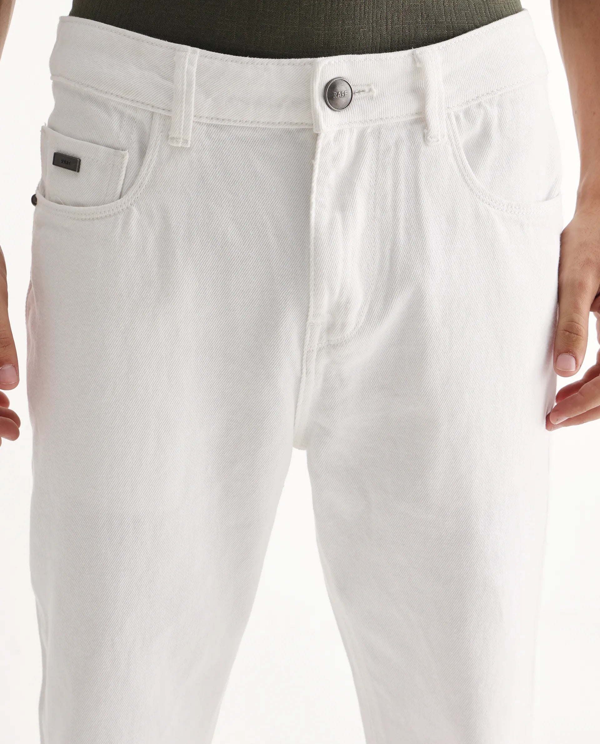 Rare Rabbit Men's Gleb White Cotton Plain Kurt Carrot Fit Jeans