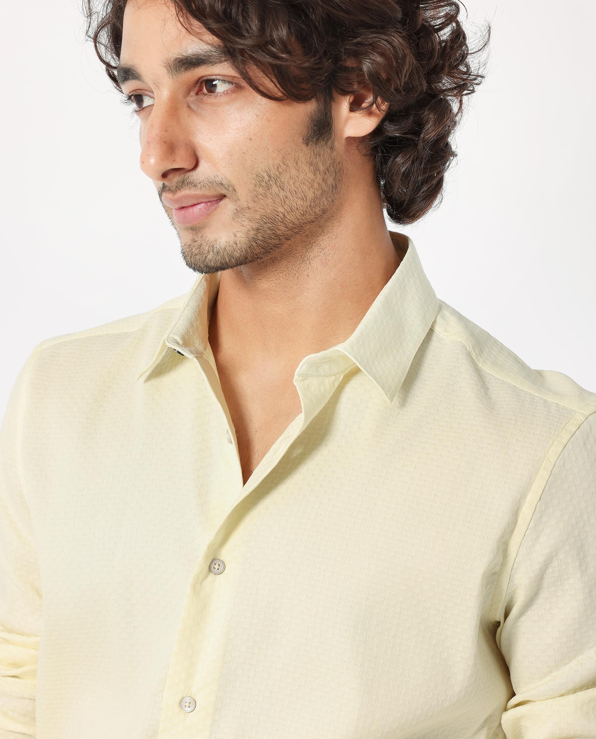 Rare Rabbit Men's Gleny Yellow Cotton Polyester Fabric Full Sleeves Dobby Shirt