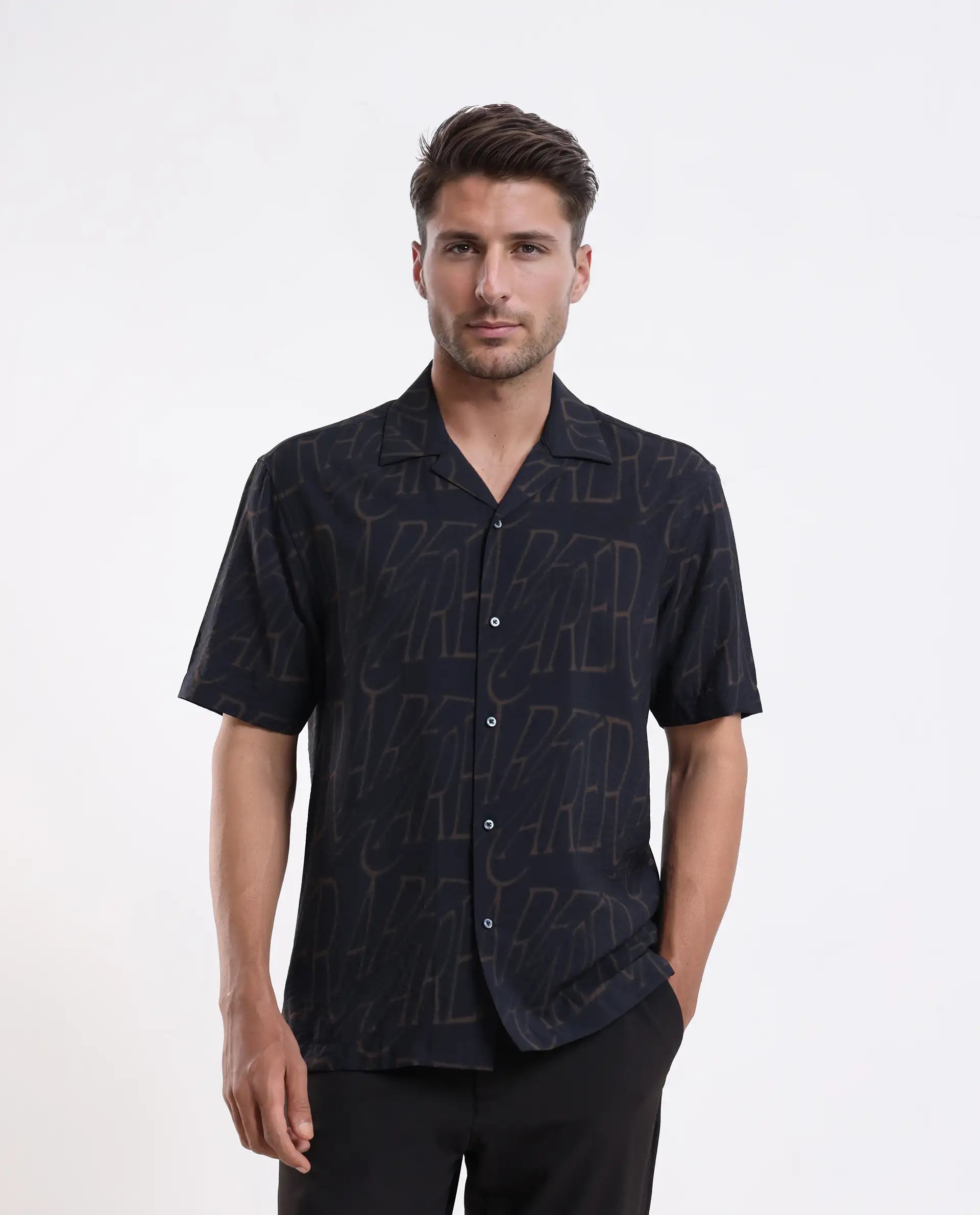 Rare Rabbit Men's Gless Grey Viscose Blend Fabric Half Sleeve Spread Collar Monogram Print Shirt