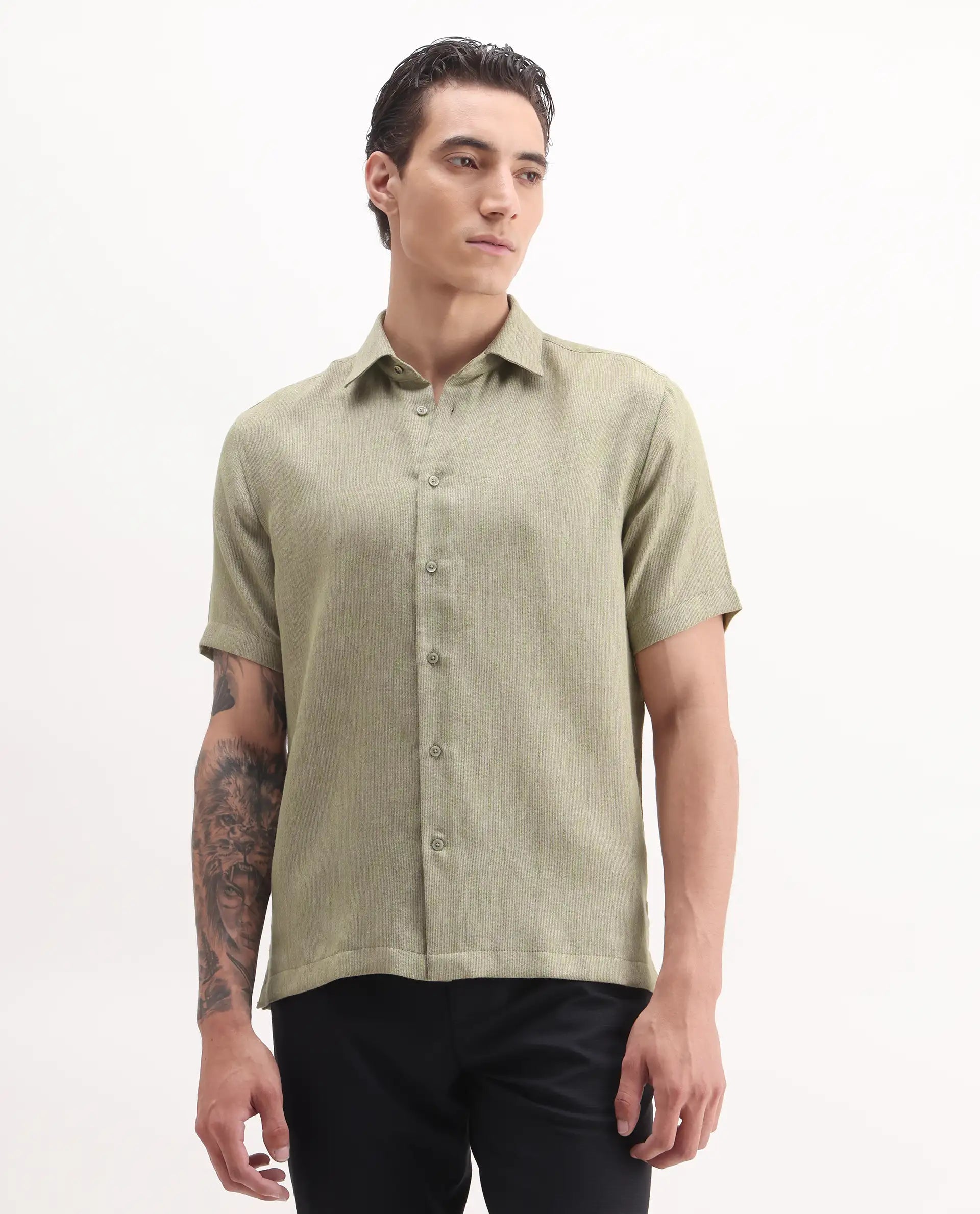 Rare Rabbit Men's Glet Dusky Green Cotton Blend Plain Regular Fit Half Sleeve Collared Shirt