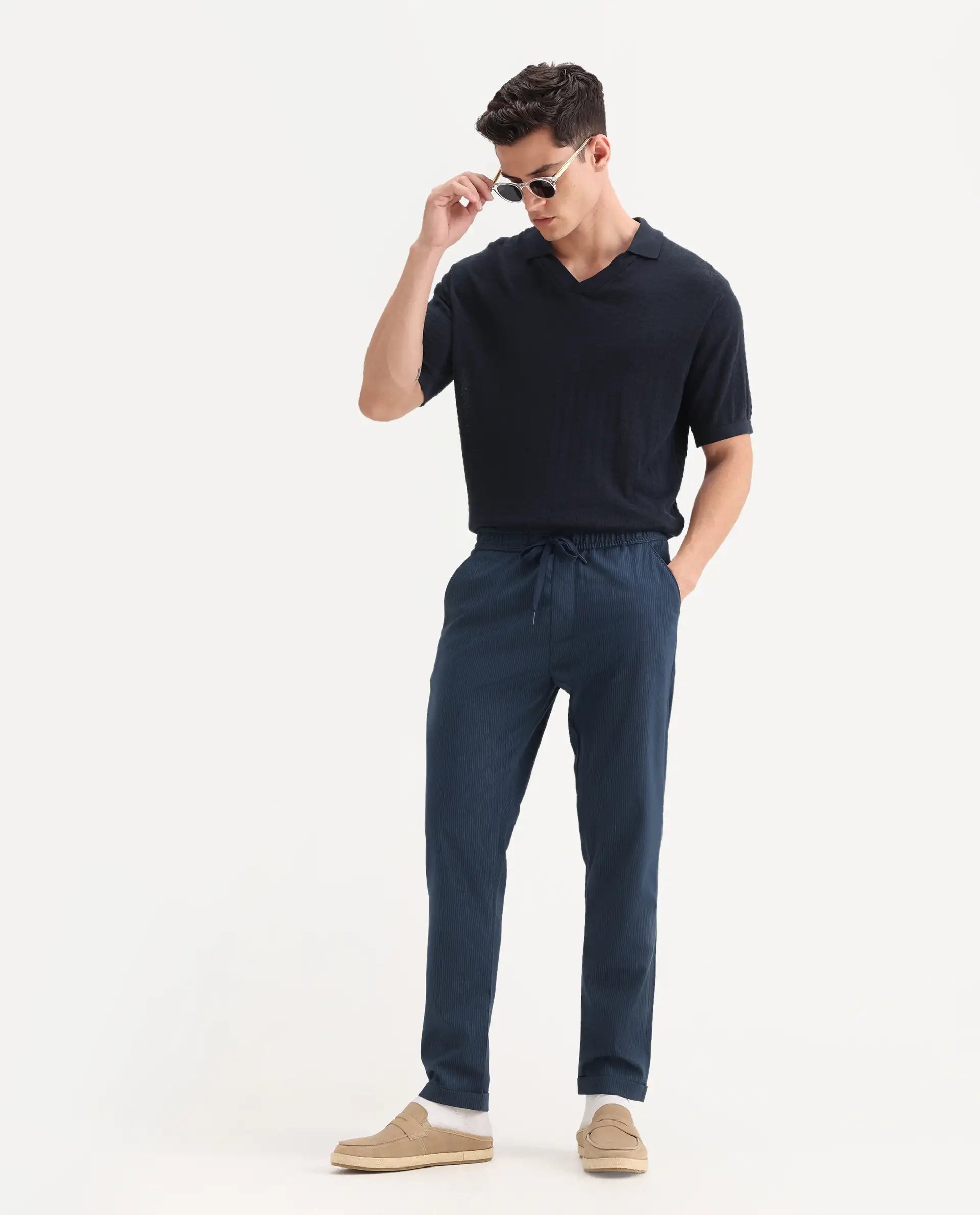 Rare Rabbit Men's Glew Dark Teal Cotton Plain Regular Fit Trouser