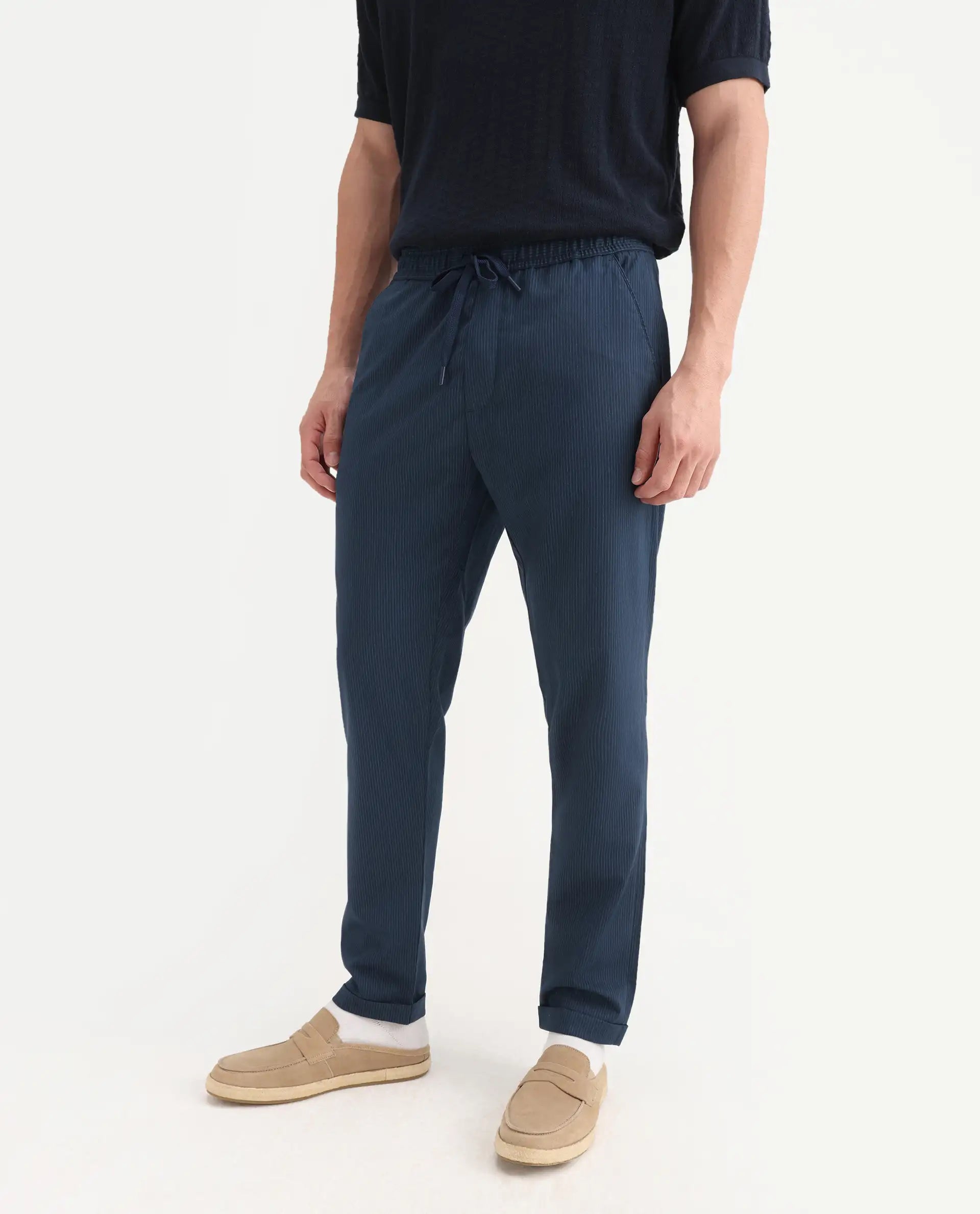 Rare Rabbit Men's Glew Dark Teal Cotton Plain Regular Fit Trouser