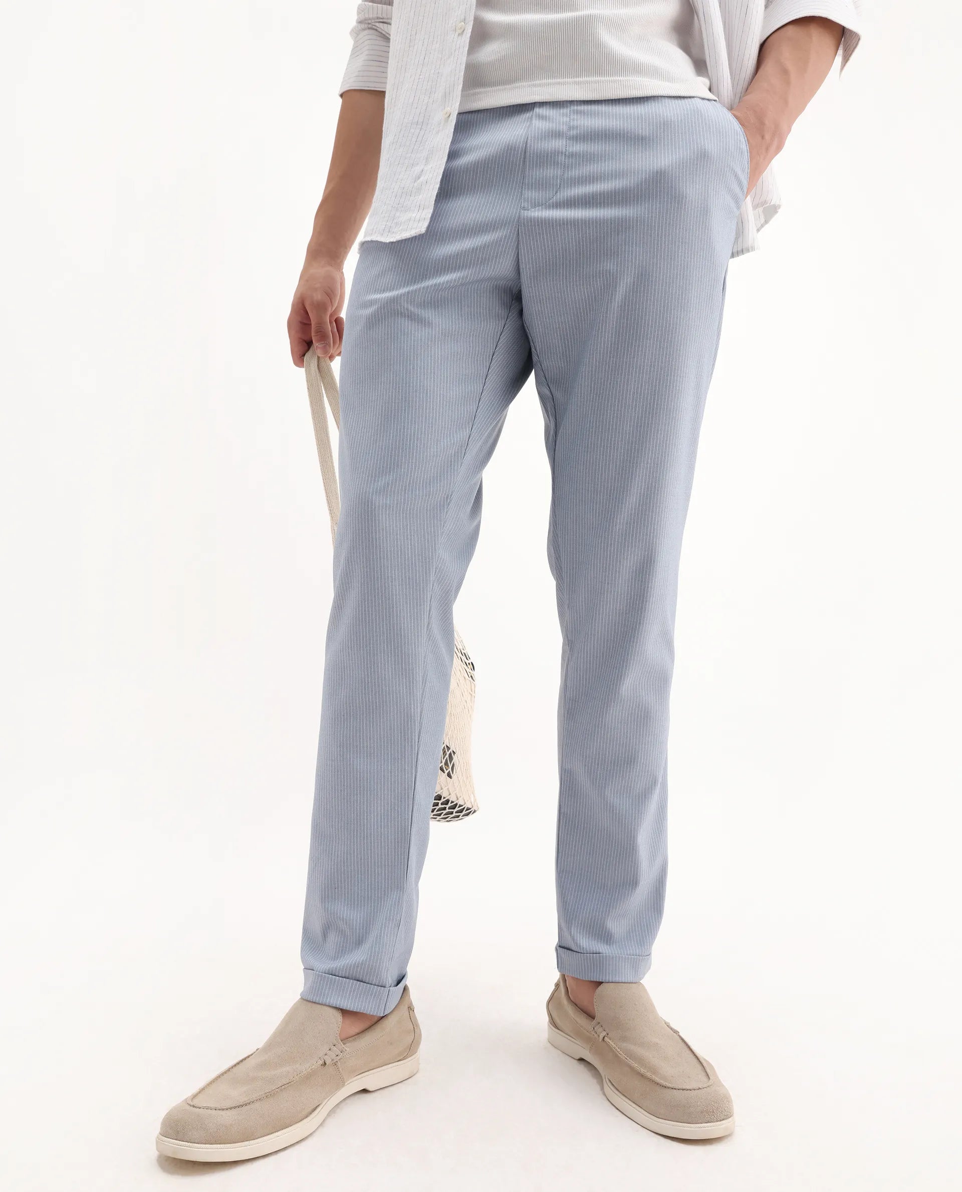 Rare Rabbit Men's Glew Pastel Blue Cotton Striped Print Regular Fit Trouser