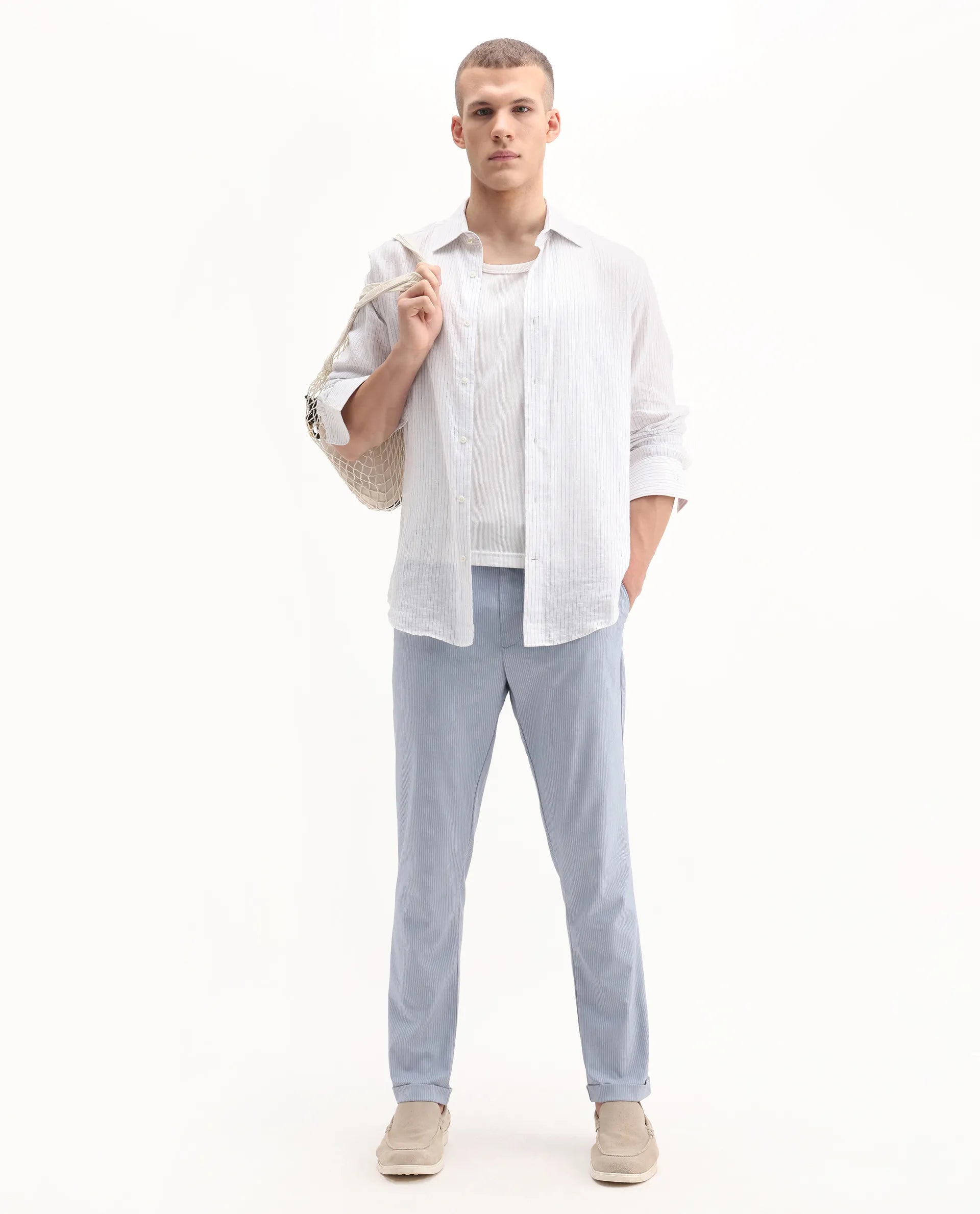 Rare Rabbit Men's Glew Pastel Blue Cotton Striped Print Regular Fit Trouser