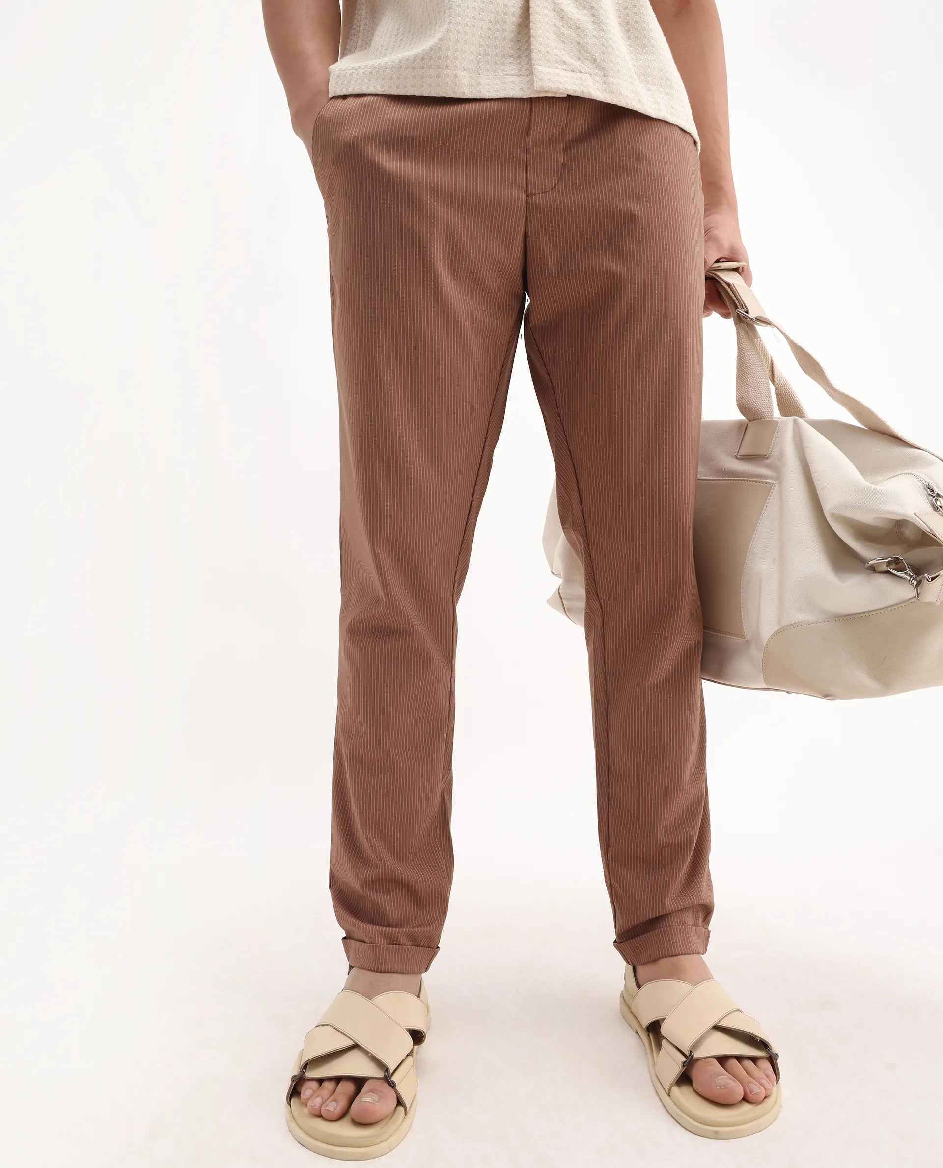 Rare Rabbit Men's Glew Rust Cotton Striped Print Regular Fit Trouser