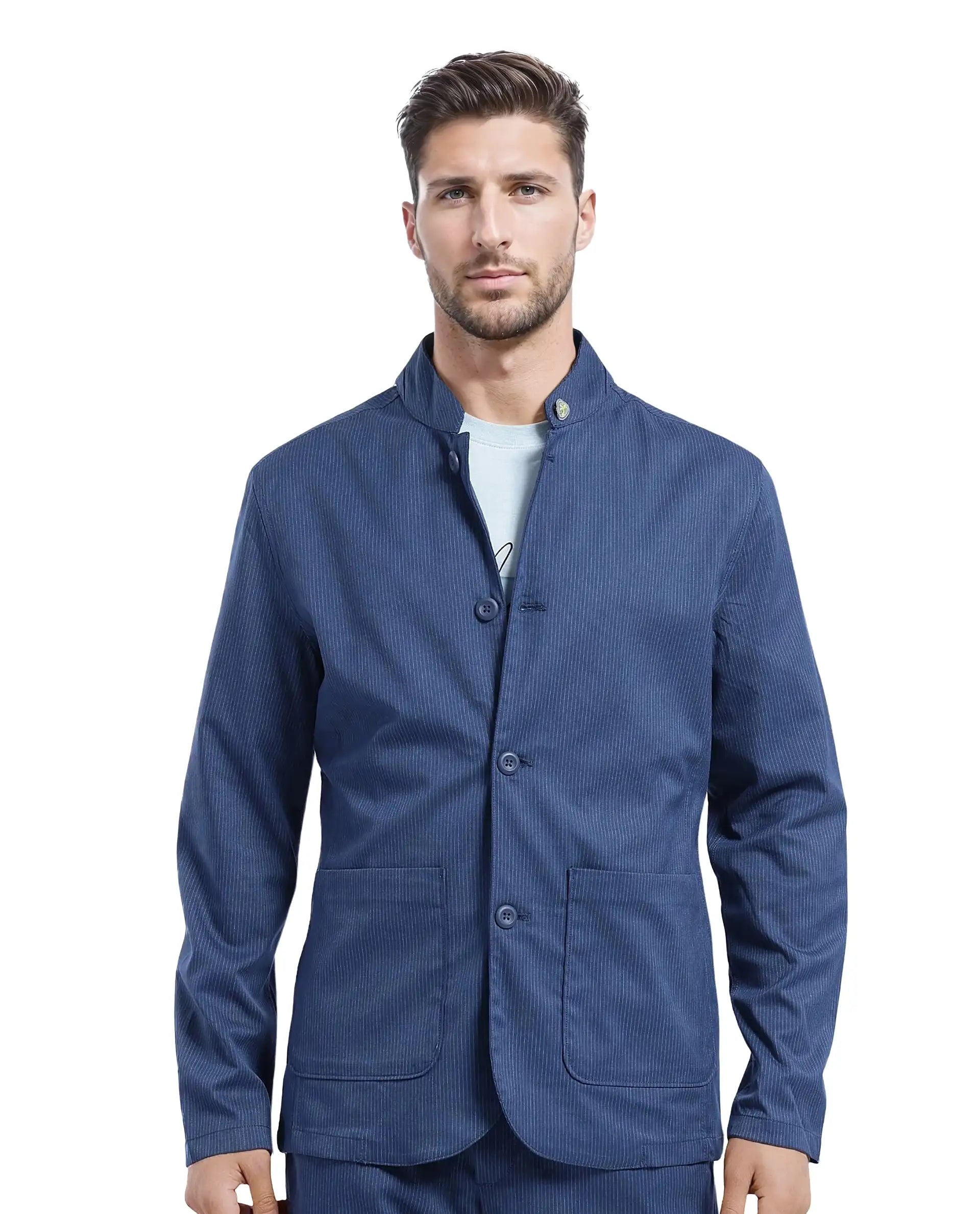 Rare Rabbit Men Glewt Dark Teal Polyester Viscose Fabric Full Sleeve Mandarin Collar Striped Jacket