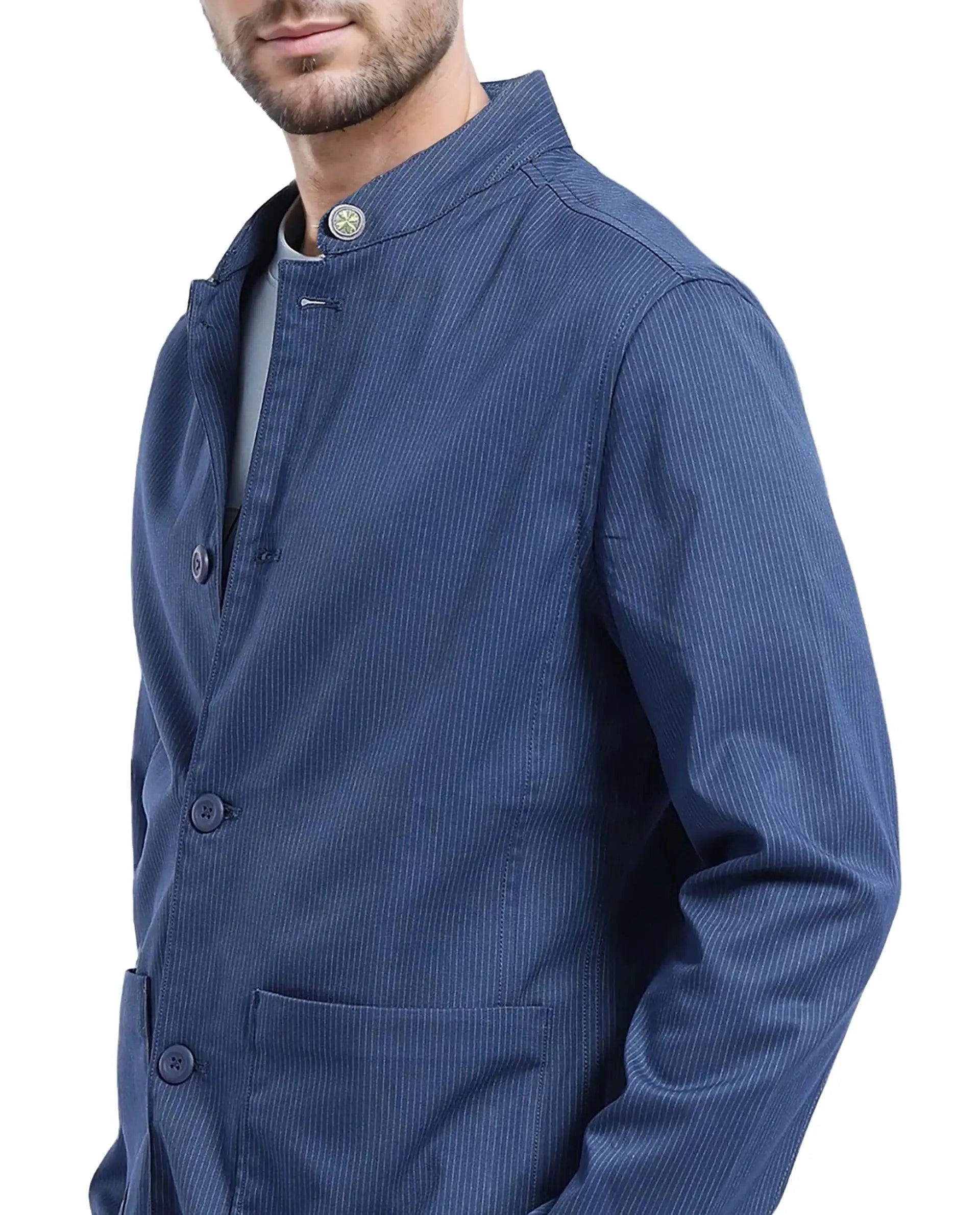 Rare Rabbit Men Glewt Dark Teal Polyester Viscose Fabric Full Sleeve Mandarin Collar Striped Jacket