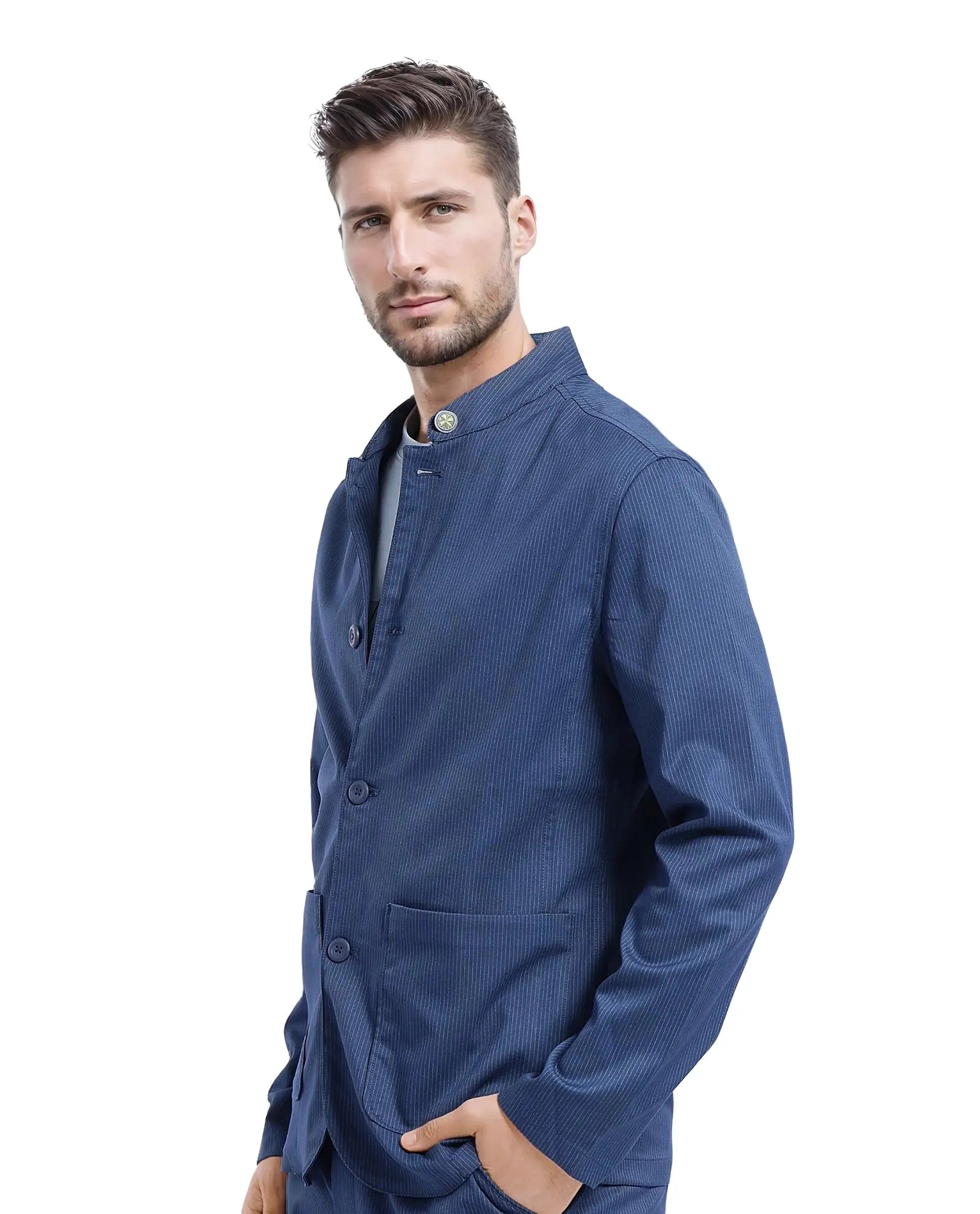 Rare Rabbit Men Glewt Dark Teal Polyester Viscose Fabric Full Sleeve Mandarin Collar Striped Jacket