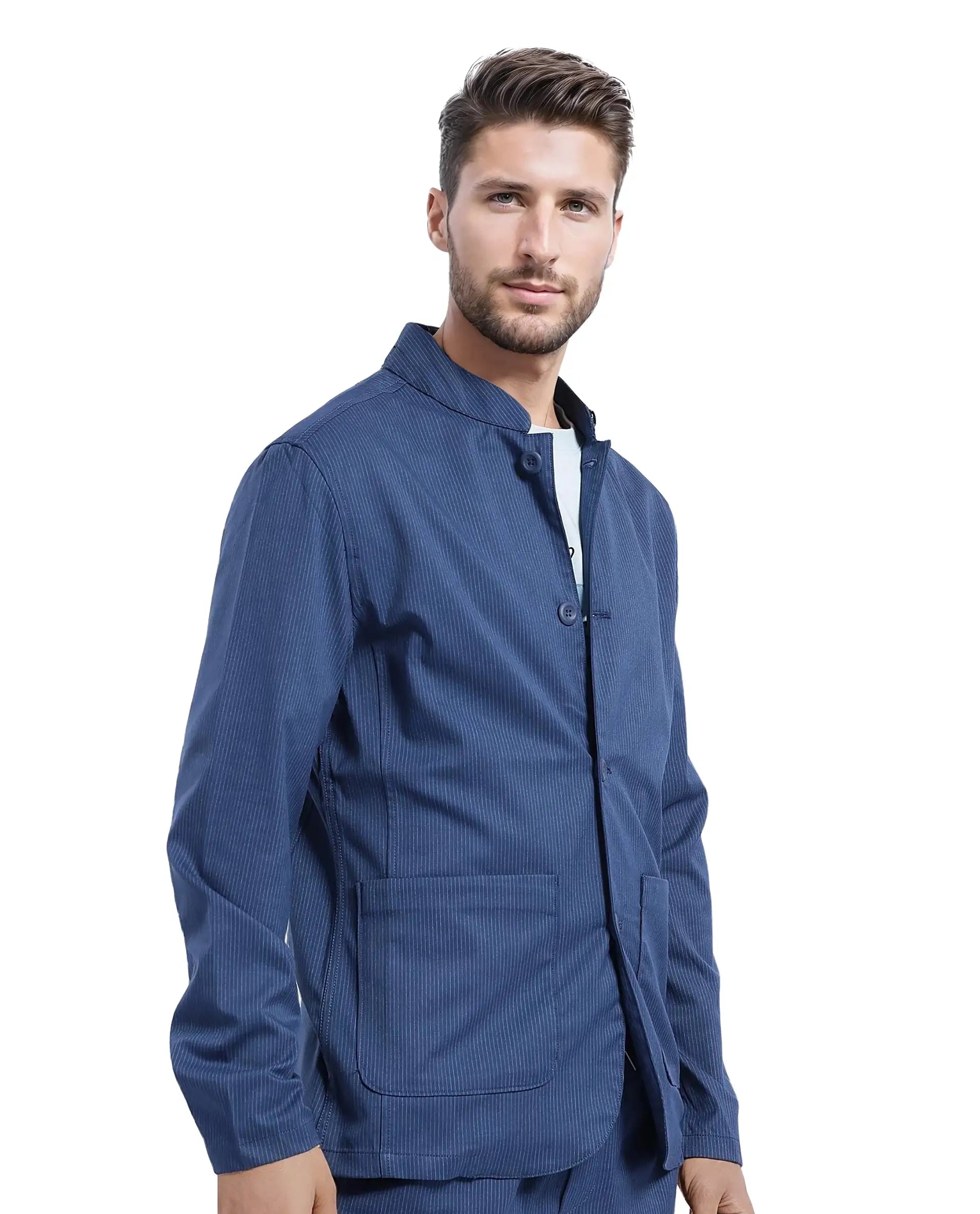 Rare Rabbit Men Glewt Dark Teal Polyester Viscose Fabric Full Sleeve Mandarin Collar Striped Jacket