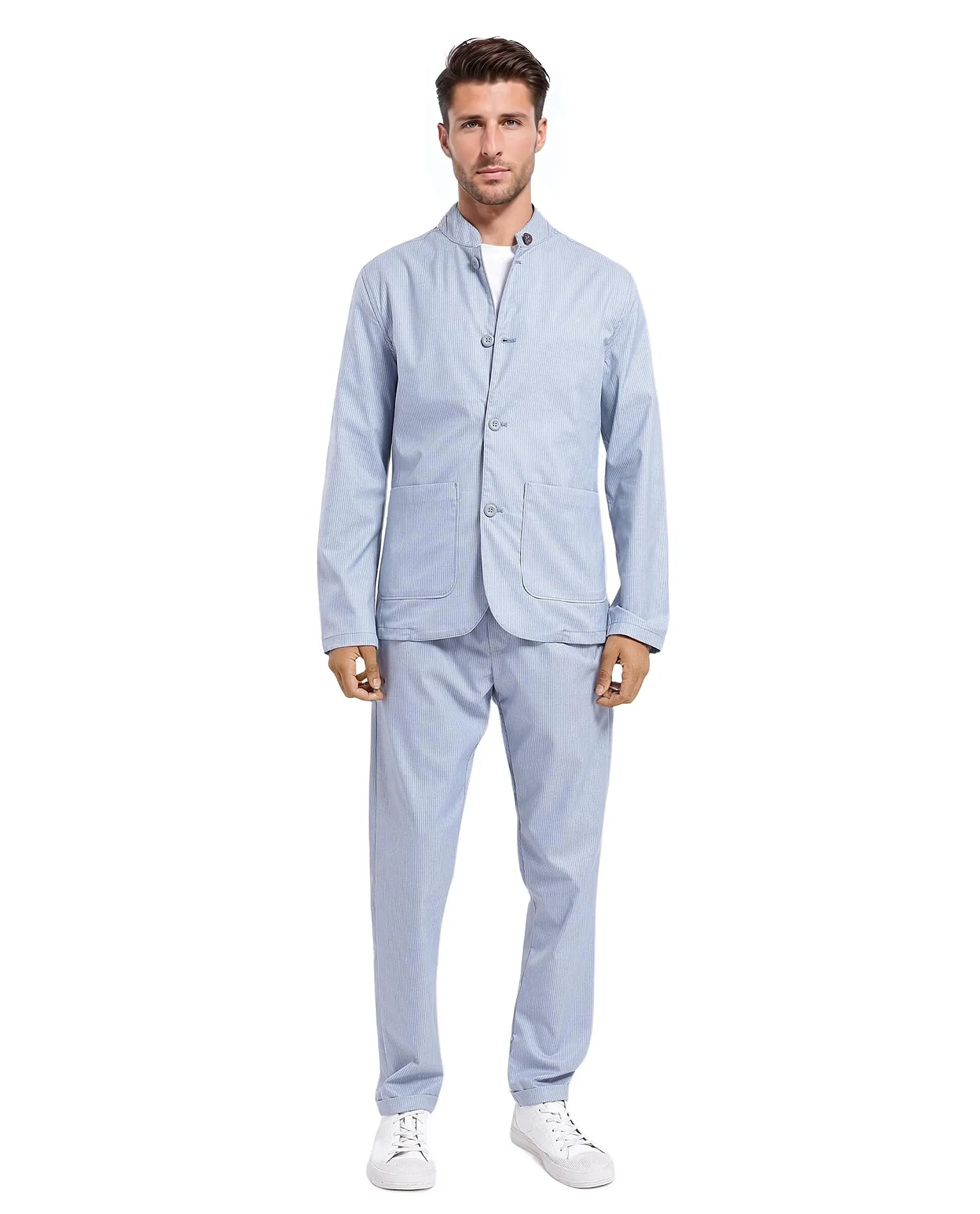 Rare Rabbit Men Glewt Pastel Blue Polyester Viscose Fabric Full Sleeve Mandarin Collar Striped Jacket