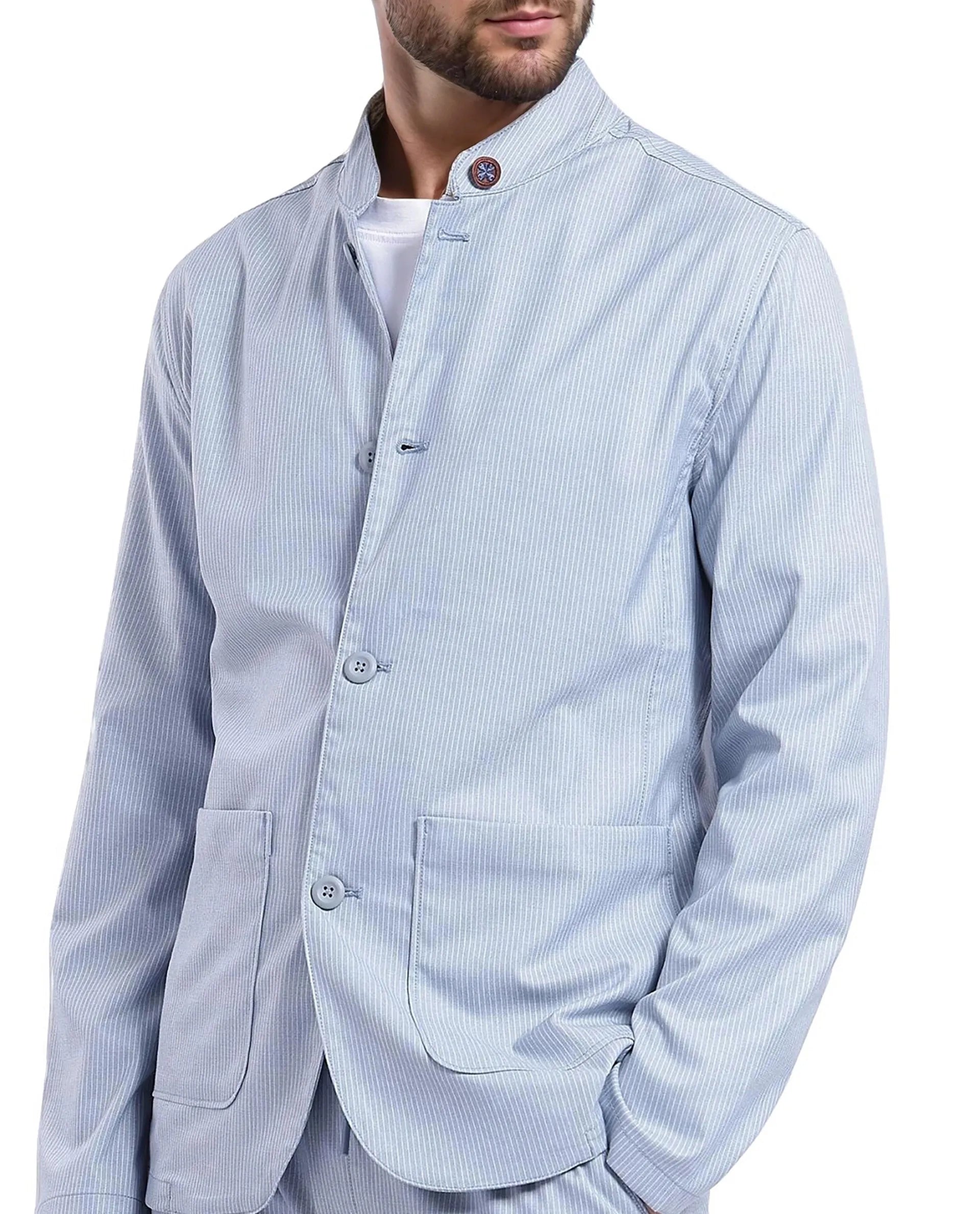 Rare Rabbit Men Glewt Pastel Blue Polyester Viscose Fabric Full Sleeve Mandarin Collar Striped Jacket