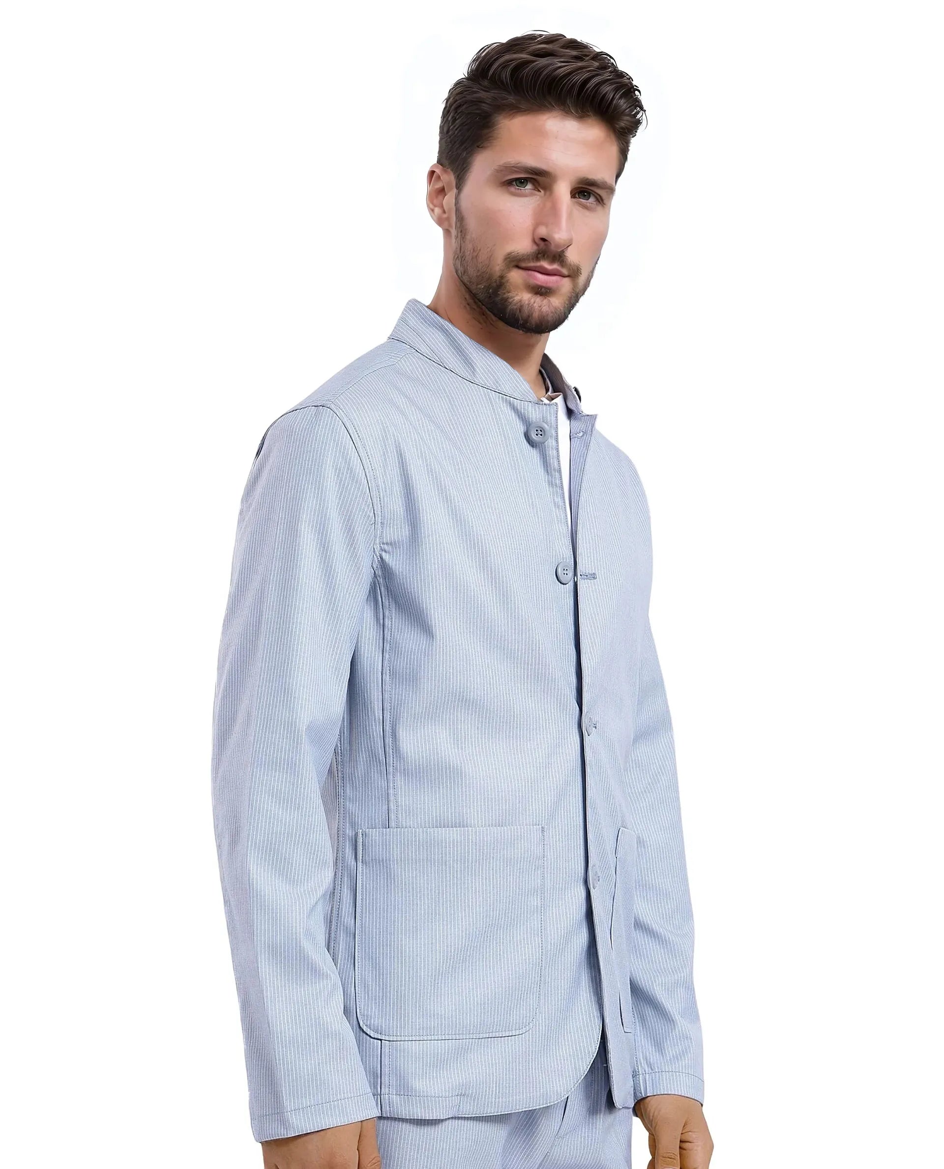 Rare Rabbit Men Glewt Pastel Blue Polyester Viscose Fabric Full Sleeve Mandarin Collar Striped Jacket
