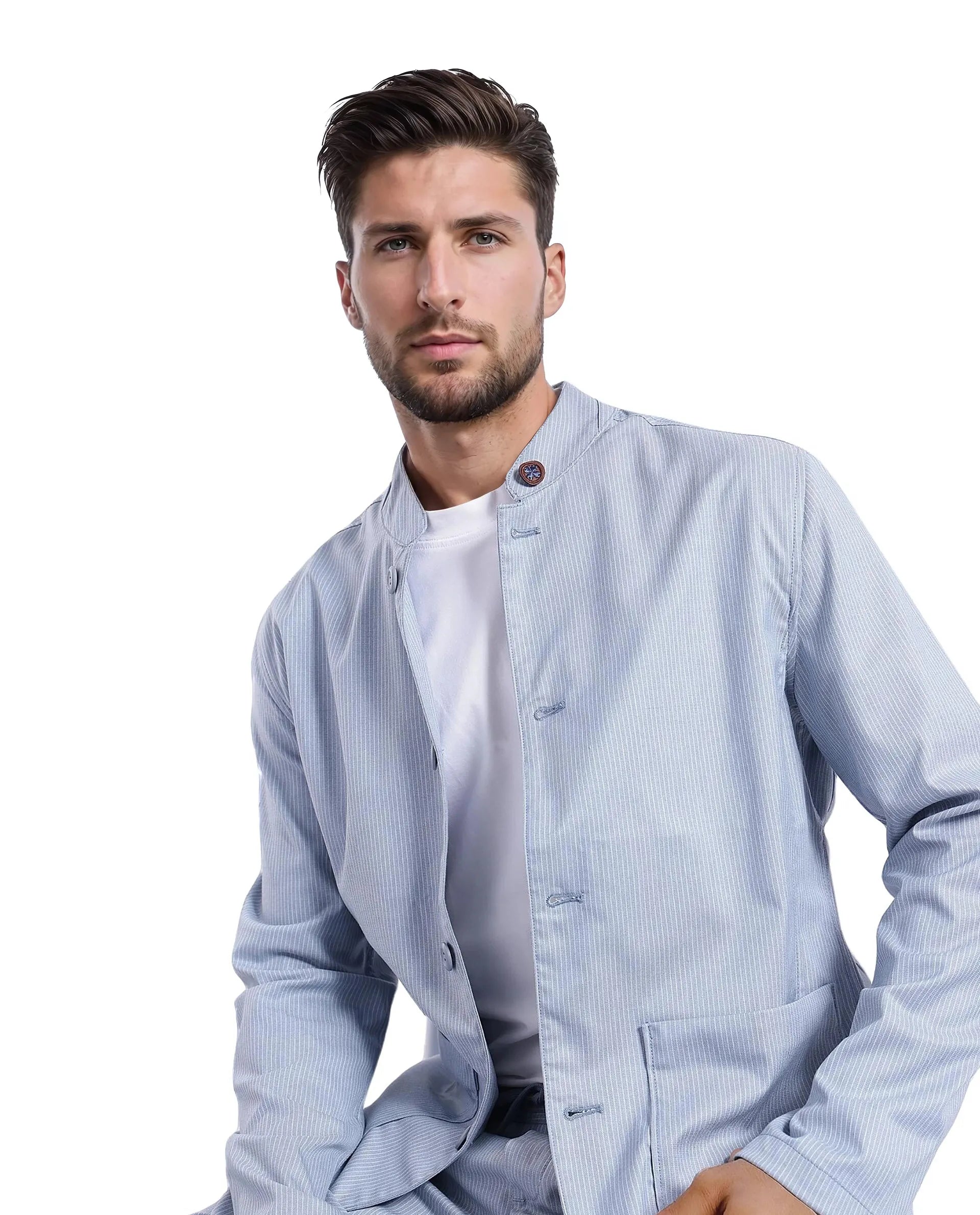 Rare Rabbit Men Glewt Pastel Blue Polyester Viscose Fabric Full Sleeve Mandarin Collar Striped Jacket