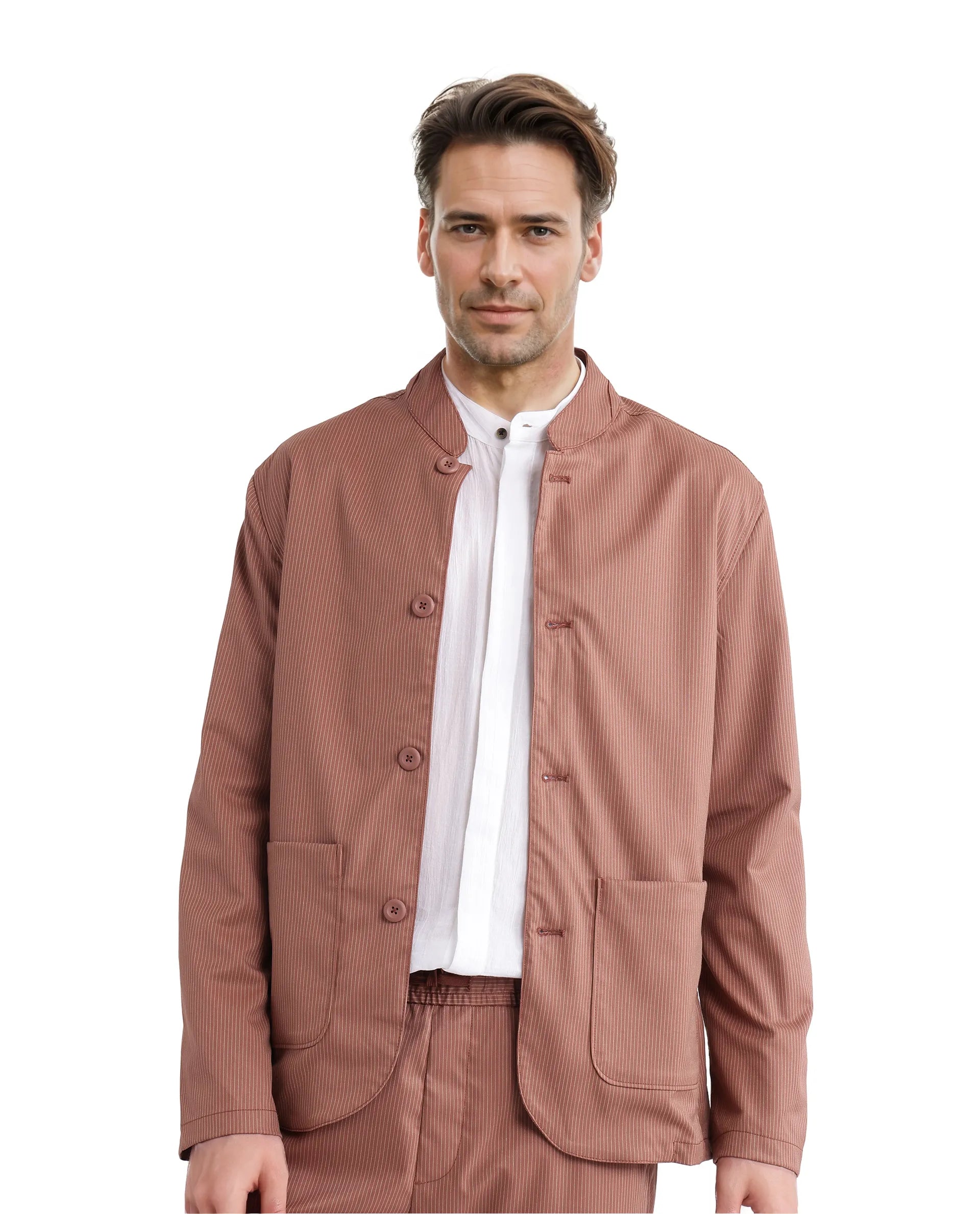 Rare Rabbit Men Glewt Rust Polyester Viscose Fabric Full Sleeve Mandarin Collar Striped Jacket