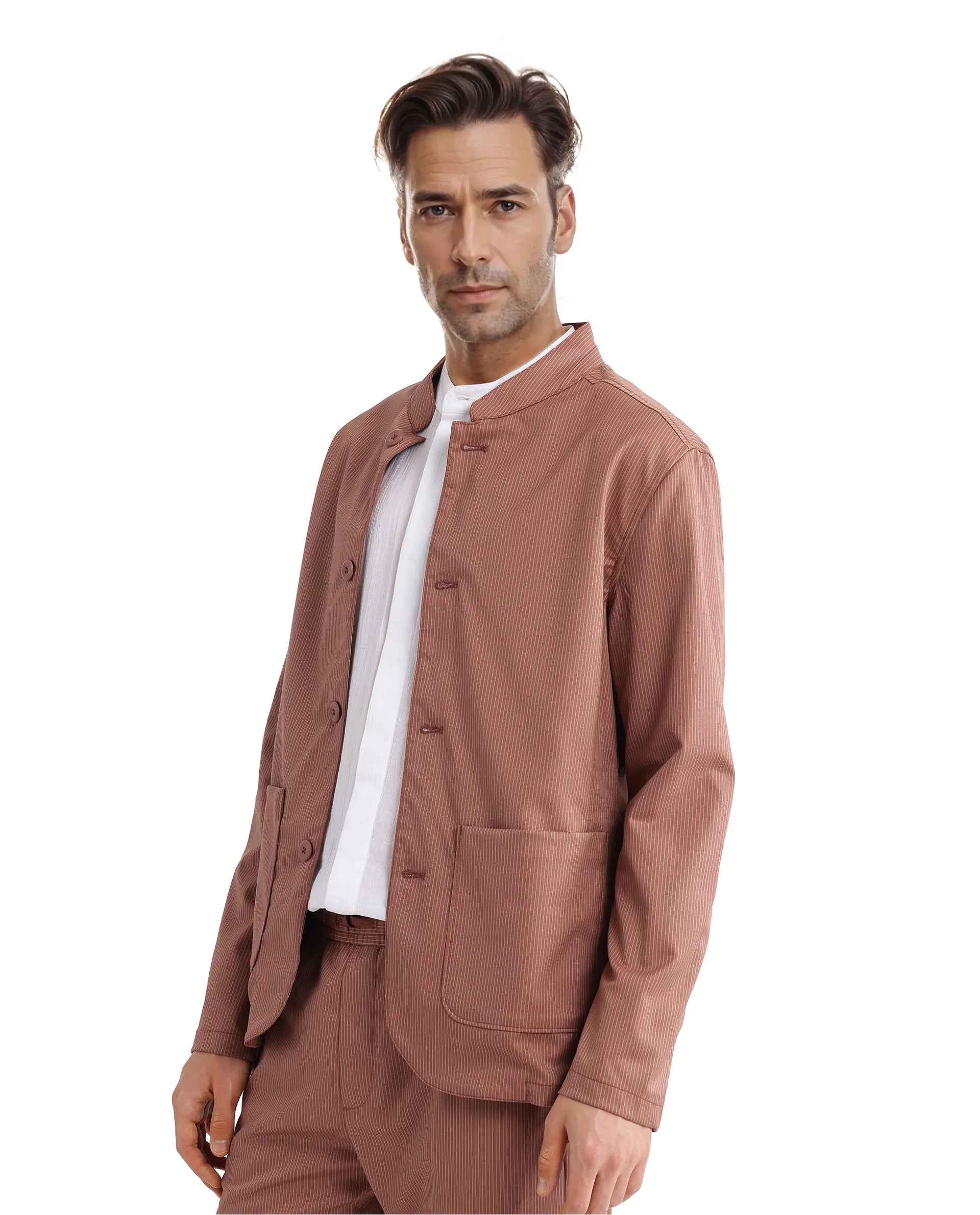 Rare Rabbit Men Glewt Rust Polyester Viscose Fabric Full Sleeve Mandarin Collar Striped Jacket