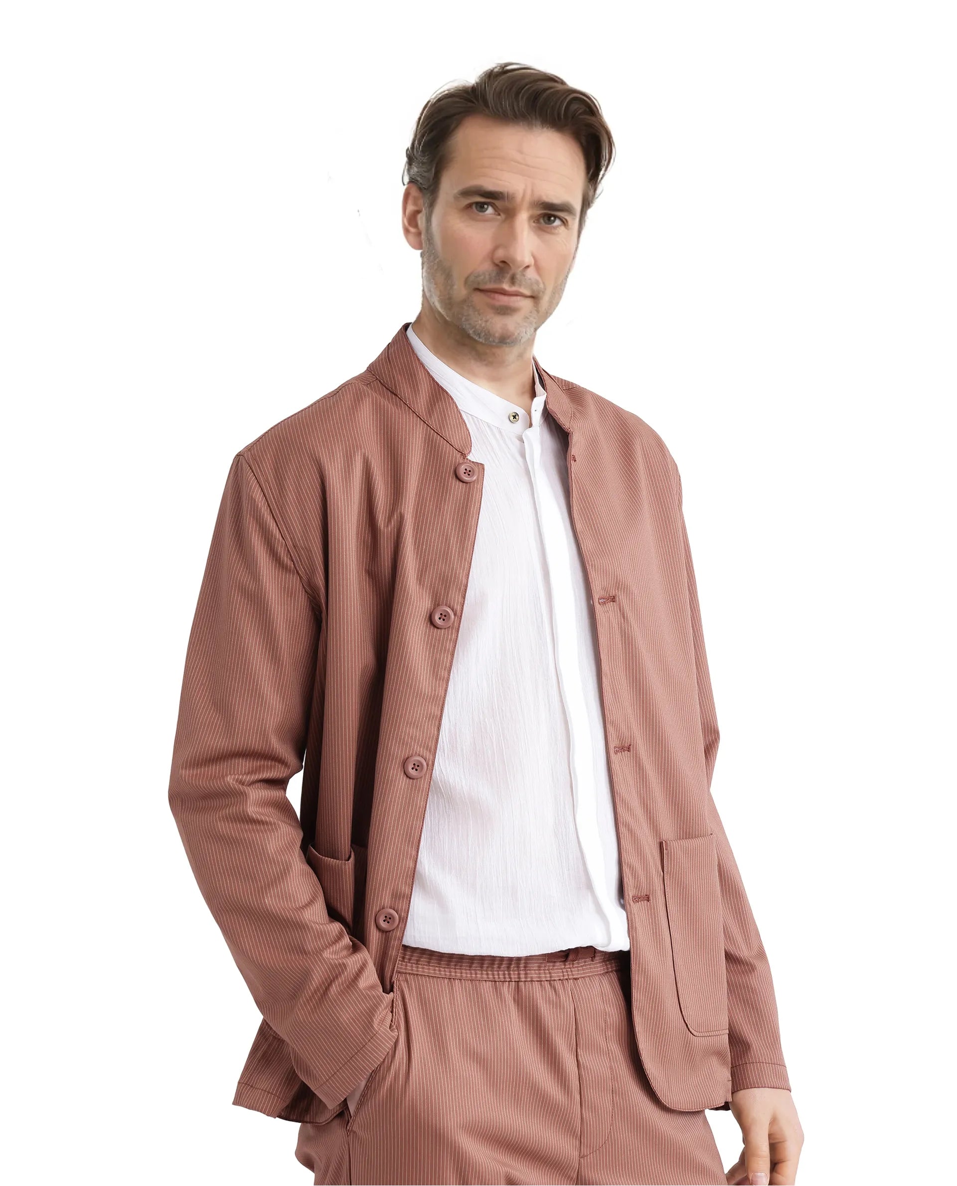 Rare Rabbit Men Glewt Rust Polyester Viscose Fabric Full Sleeve Mandarin Collar Striped Jacket