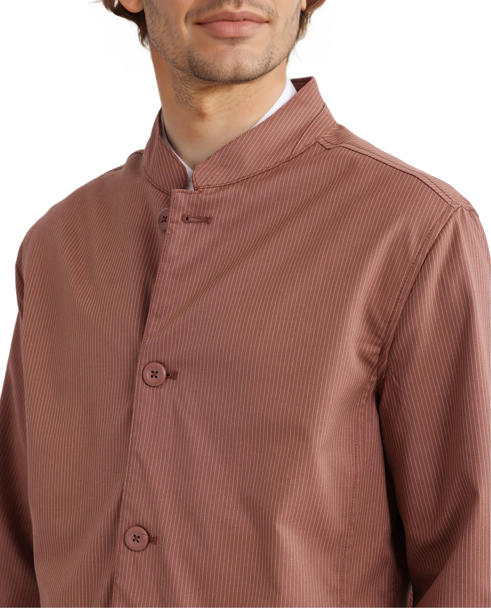 Rare Rabbit Men Glewt Rust Polyester Viscose Fabric Full Sleeve Mandarin Collar Striped Jacket