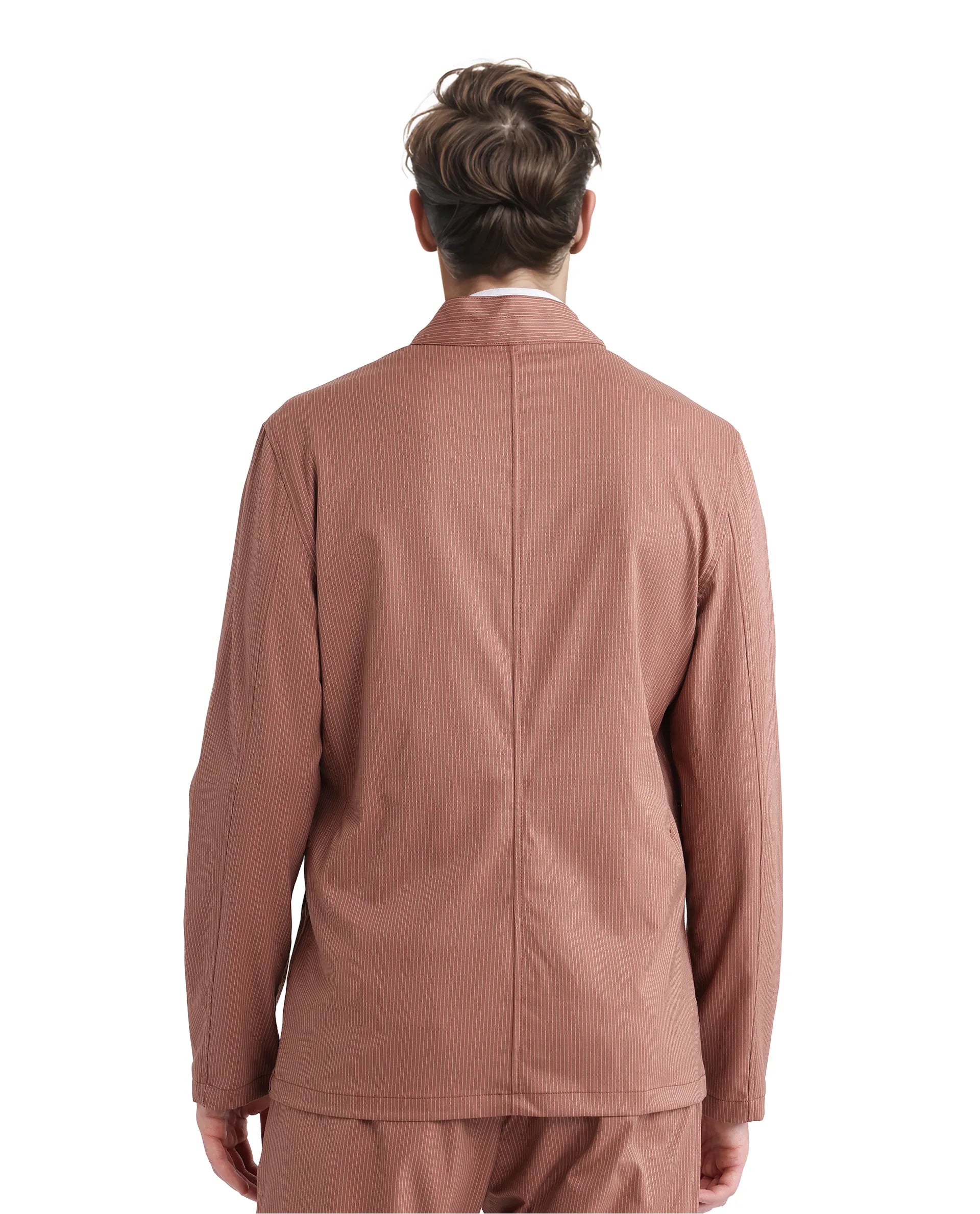 Rare Rabbit Men Glewt Rust Polyester Viscose Fabric Full Sleeve Mandarin Collar Striped Jacket