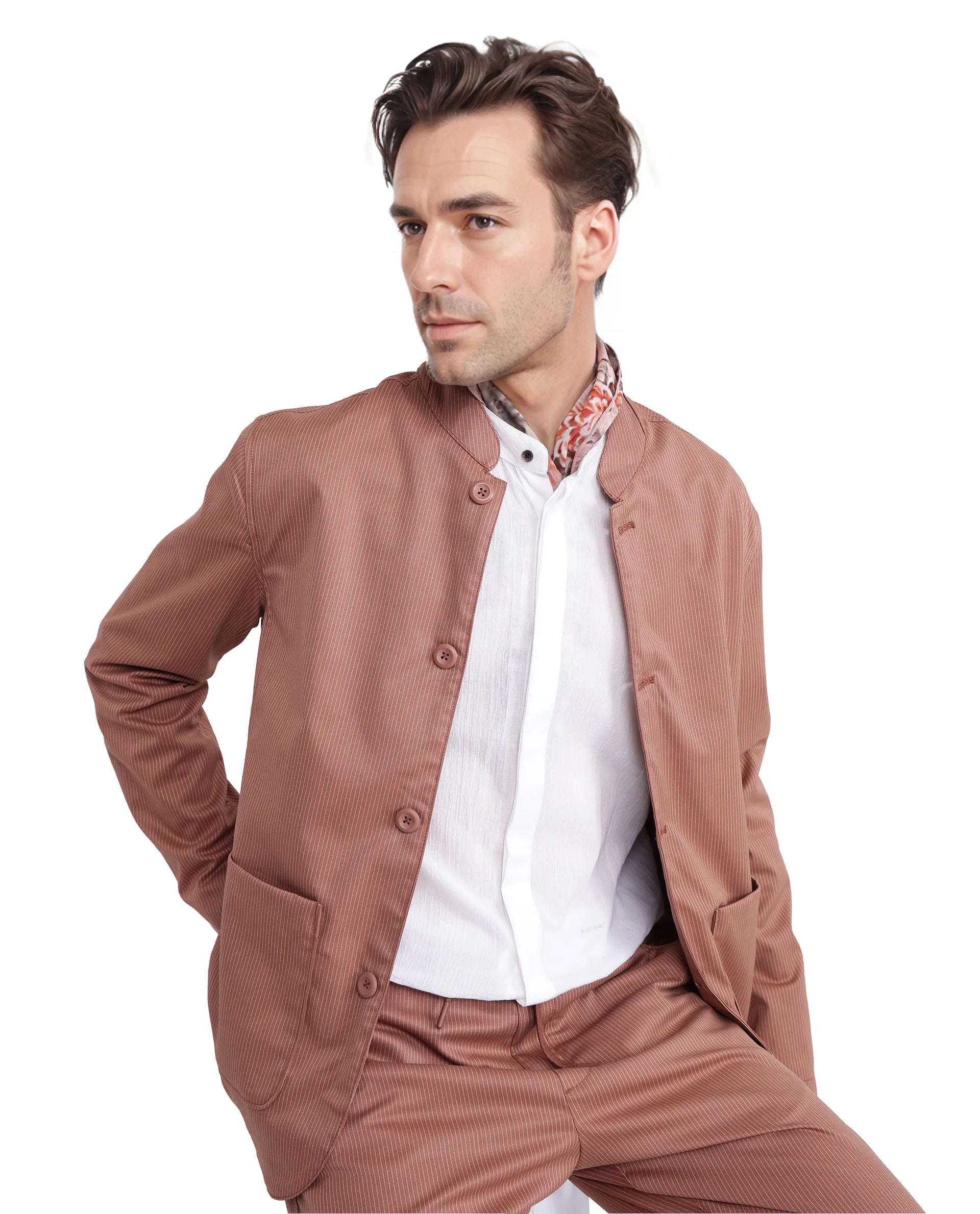 Rare Rabbit Men Glewt Rust Polyester Viscose Fabric Full Sleeve Mandarin Collar Striped Jacket