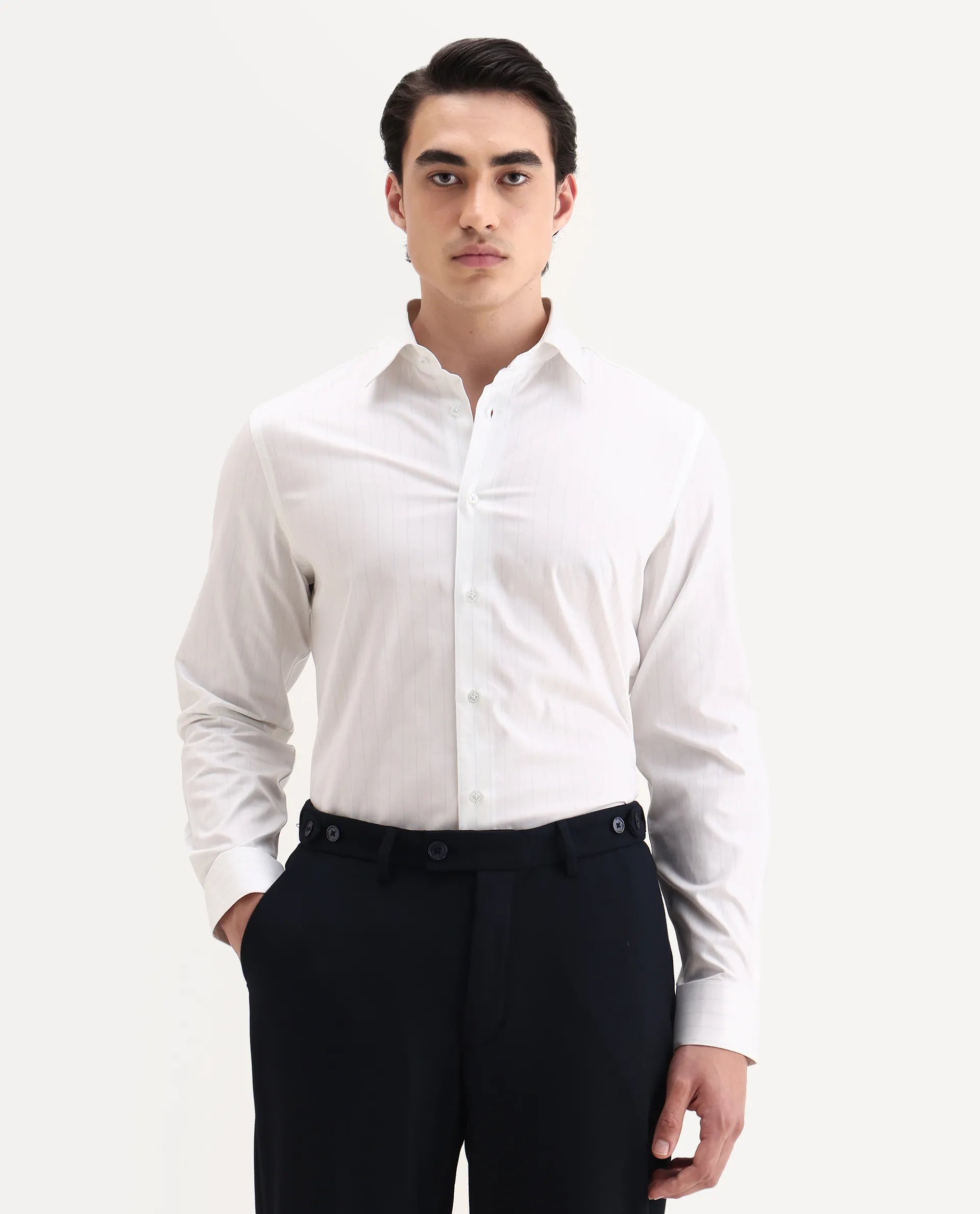 Rare Rabbit Men's Glin Blue Cotton Fabric Collared Neck Regular Fit Striped Shirt