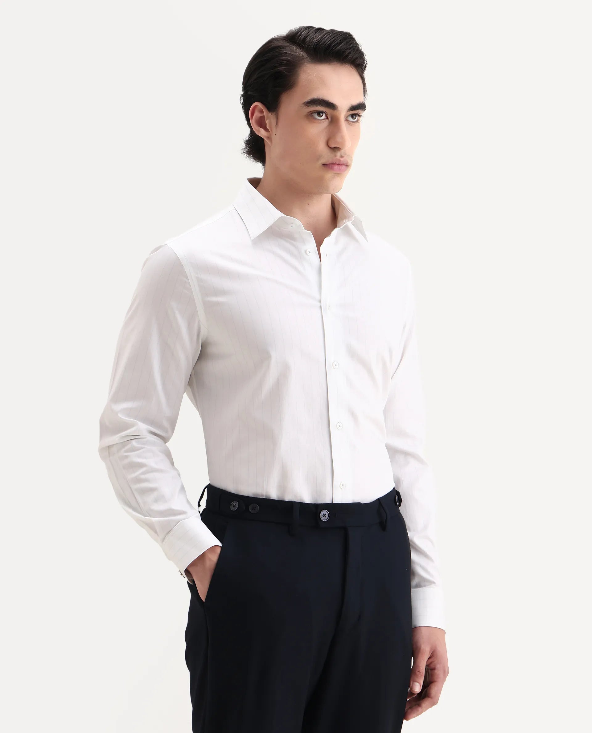 Rare Rabbit Men's Glin Blue Cotton Fabric Collared Neck Regular Fit Striped Shirt