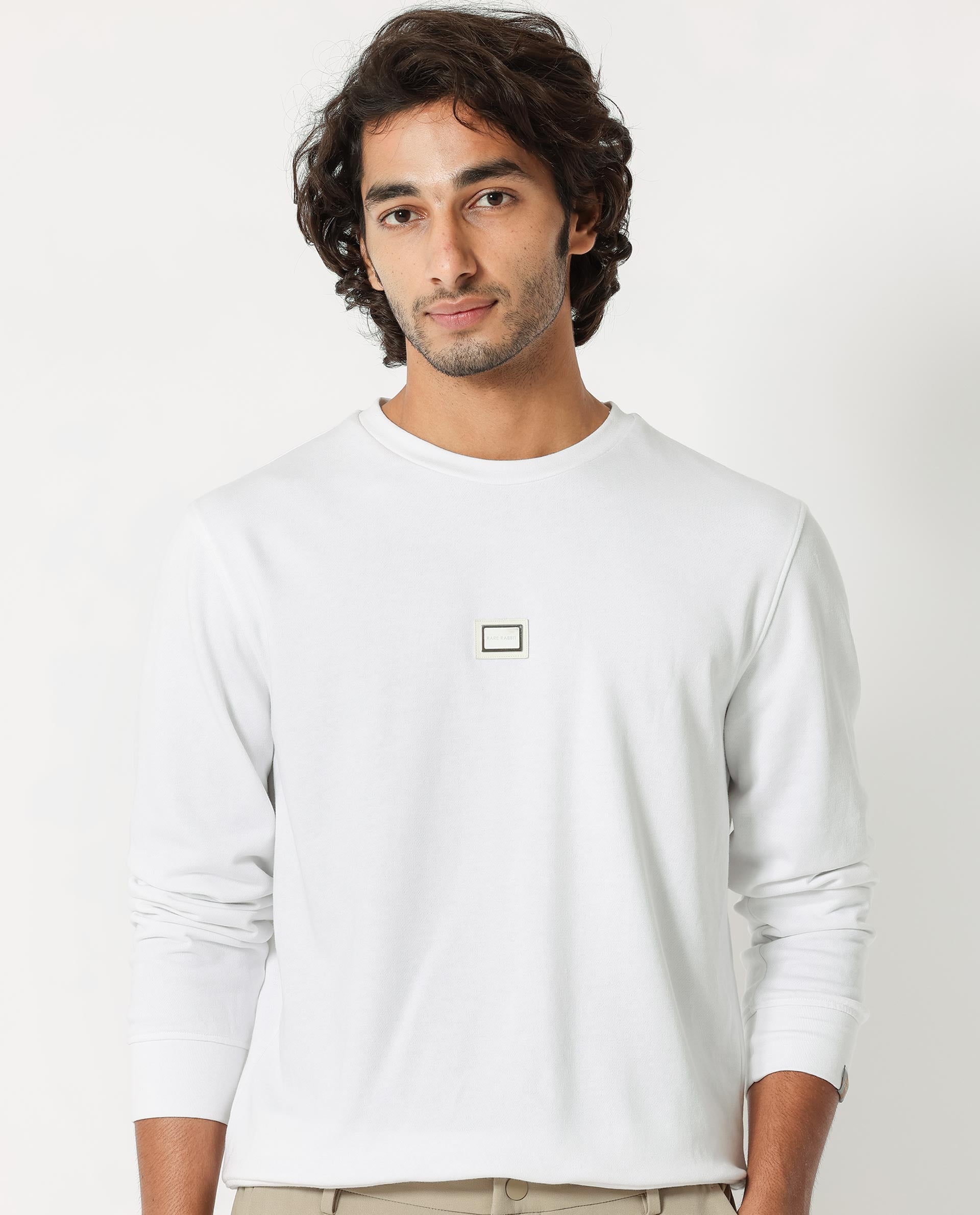 Rare Rabbit Men's Glitch White Cotton Polyester Fabric Full Sleeves Solid Knitted Sweatshirt