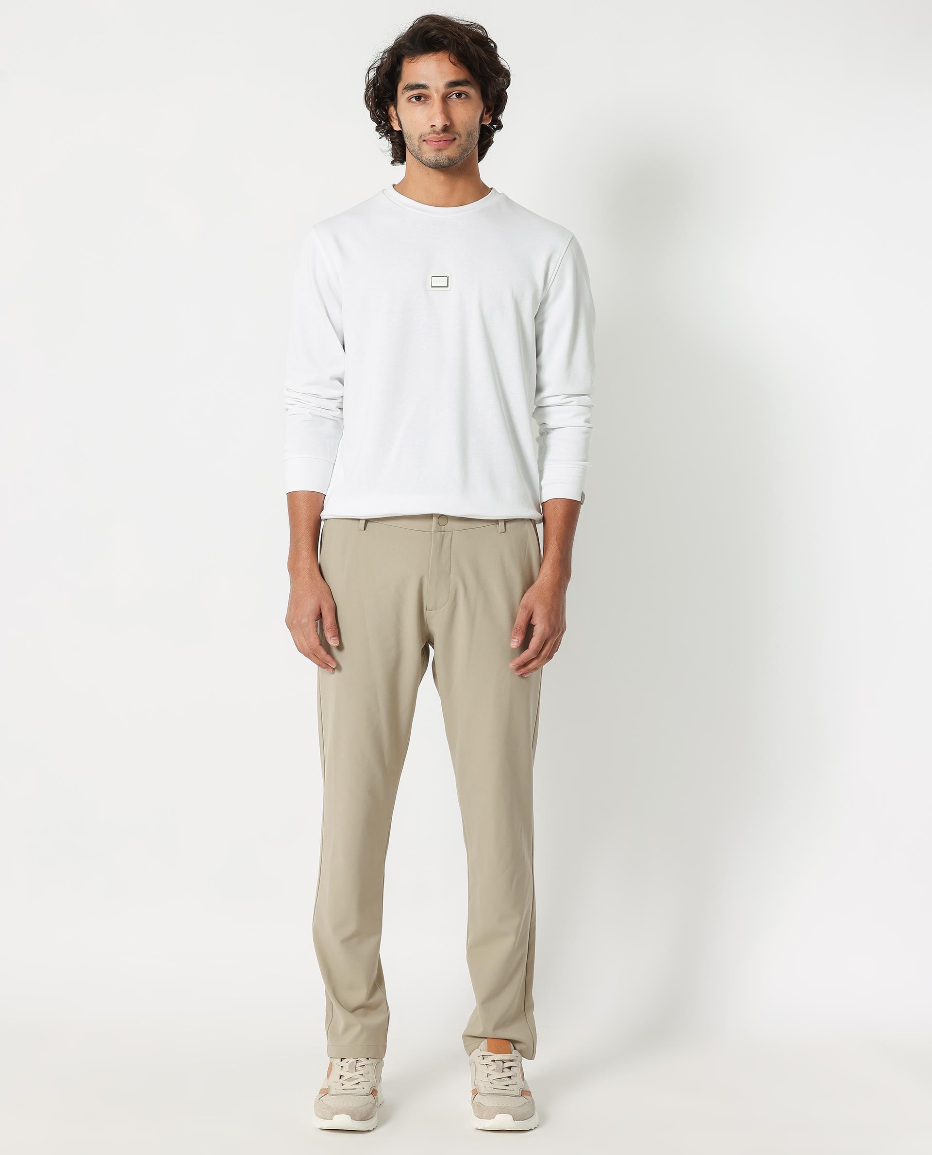 Rare Rabbit Men's Glitch White Cotton Polyester Fabric Full Sleeves Solid Knitted Sweatshirt