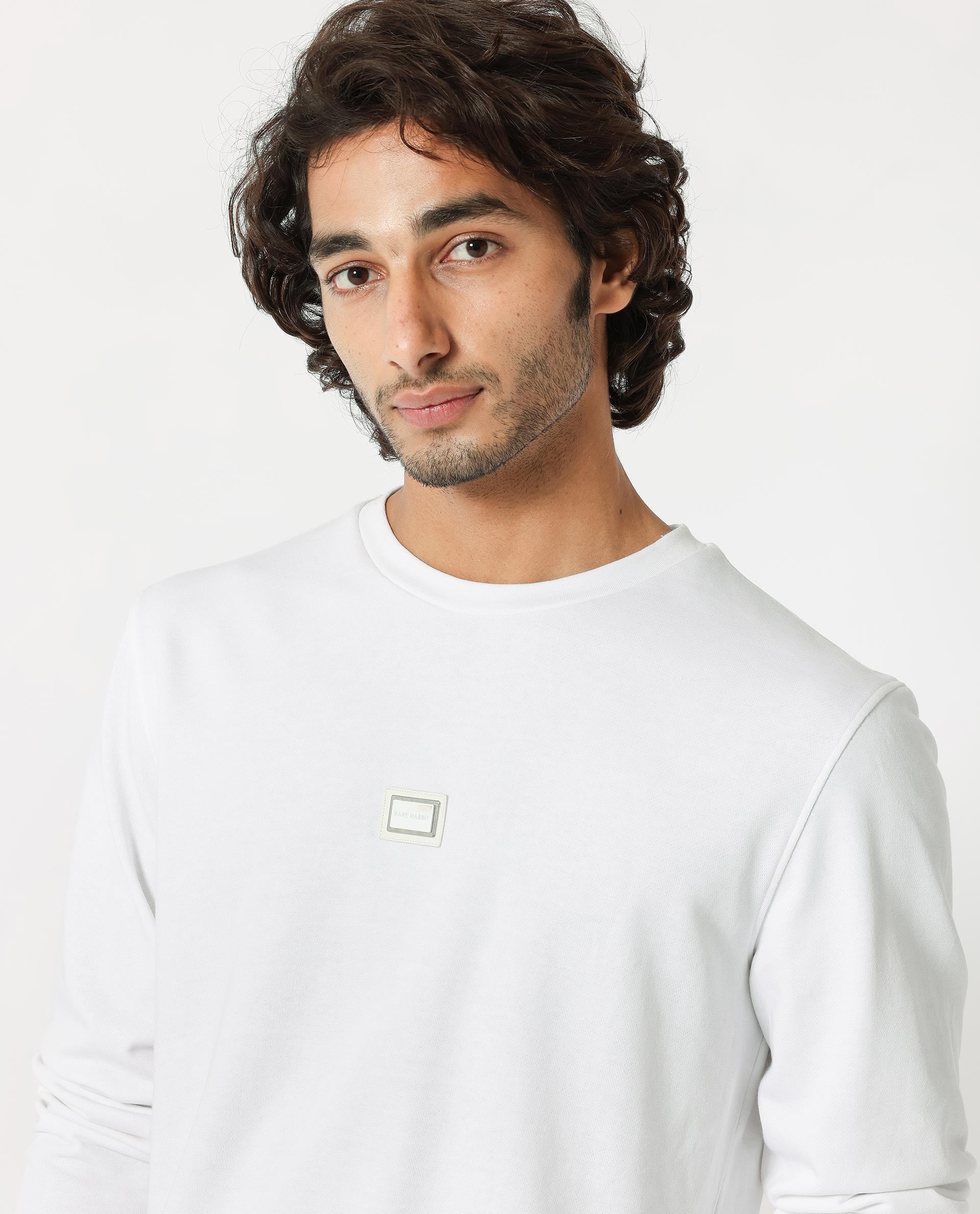 Rare Rabbit Men's Glitch White Cotton Polyester Fabric Full Sleeves Solid Knitted Sweatshirt