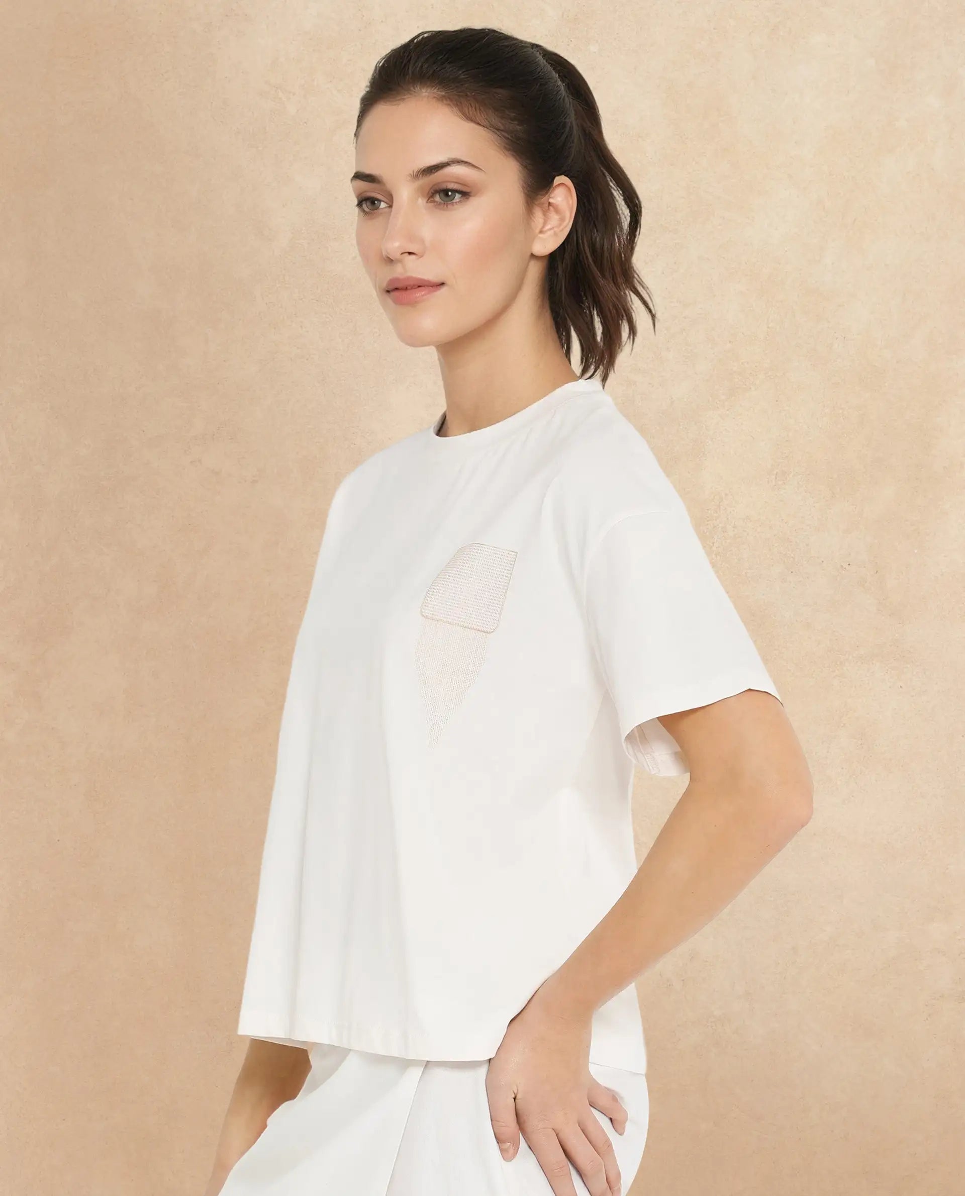 Rareism Women Glondit Off White Cotton Elastane Fabric Crew Neck Knit Solid T-Shirt