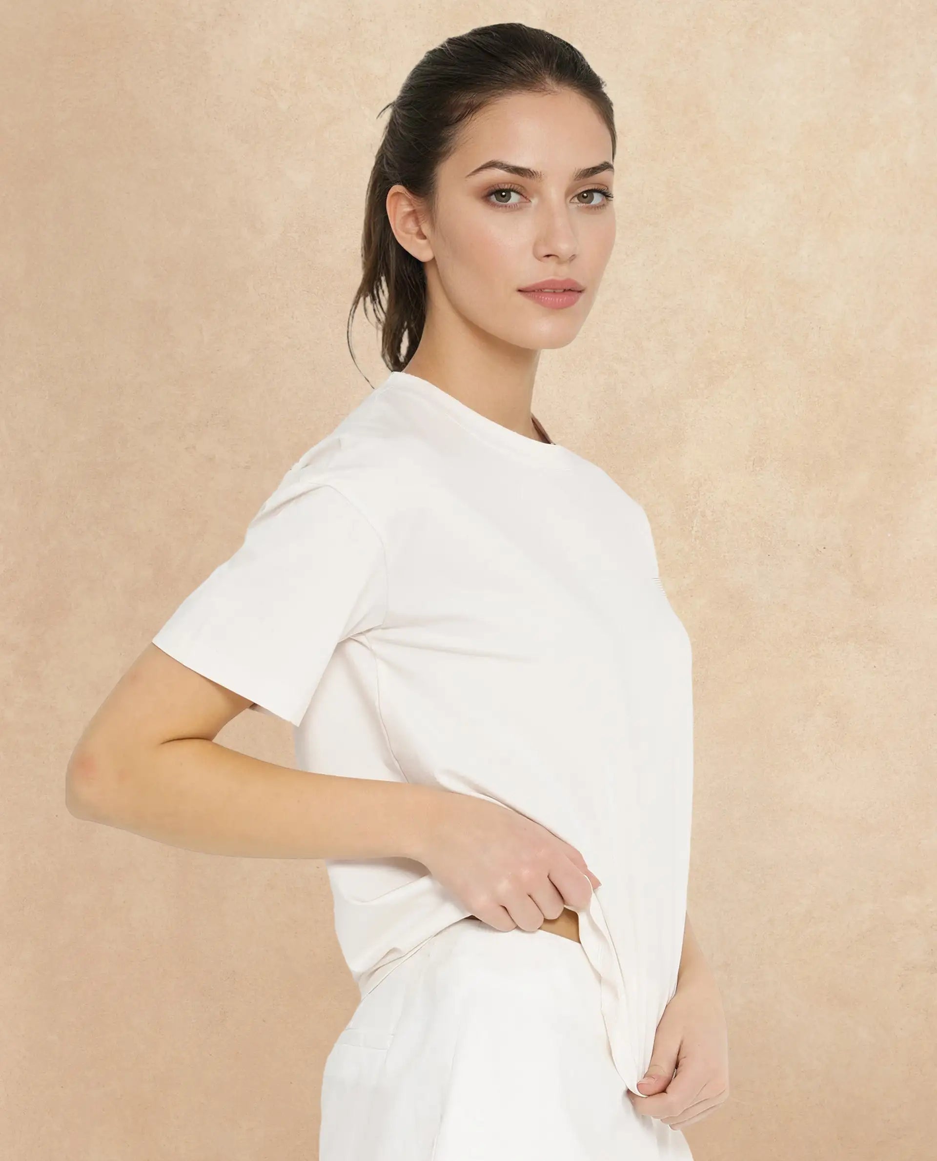 Rareism Women Glondit Off White Cotton Elastane Fabric Crew Neck Knit Solid T-Shirt