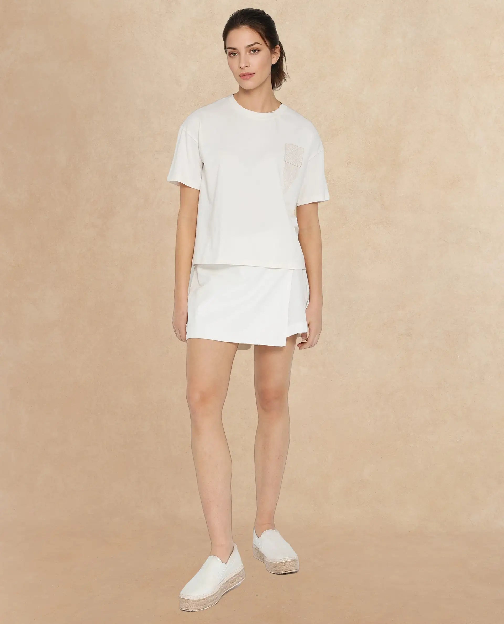 Rareism Women Glondit Off White Cotton Elastane Fabric Crew Neck Knit Solid T-Shirt