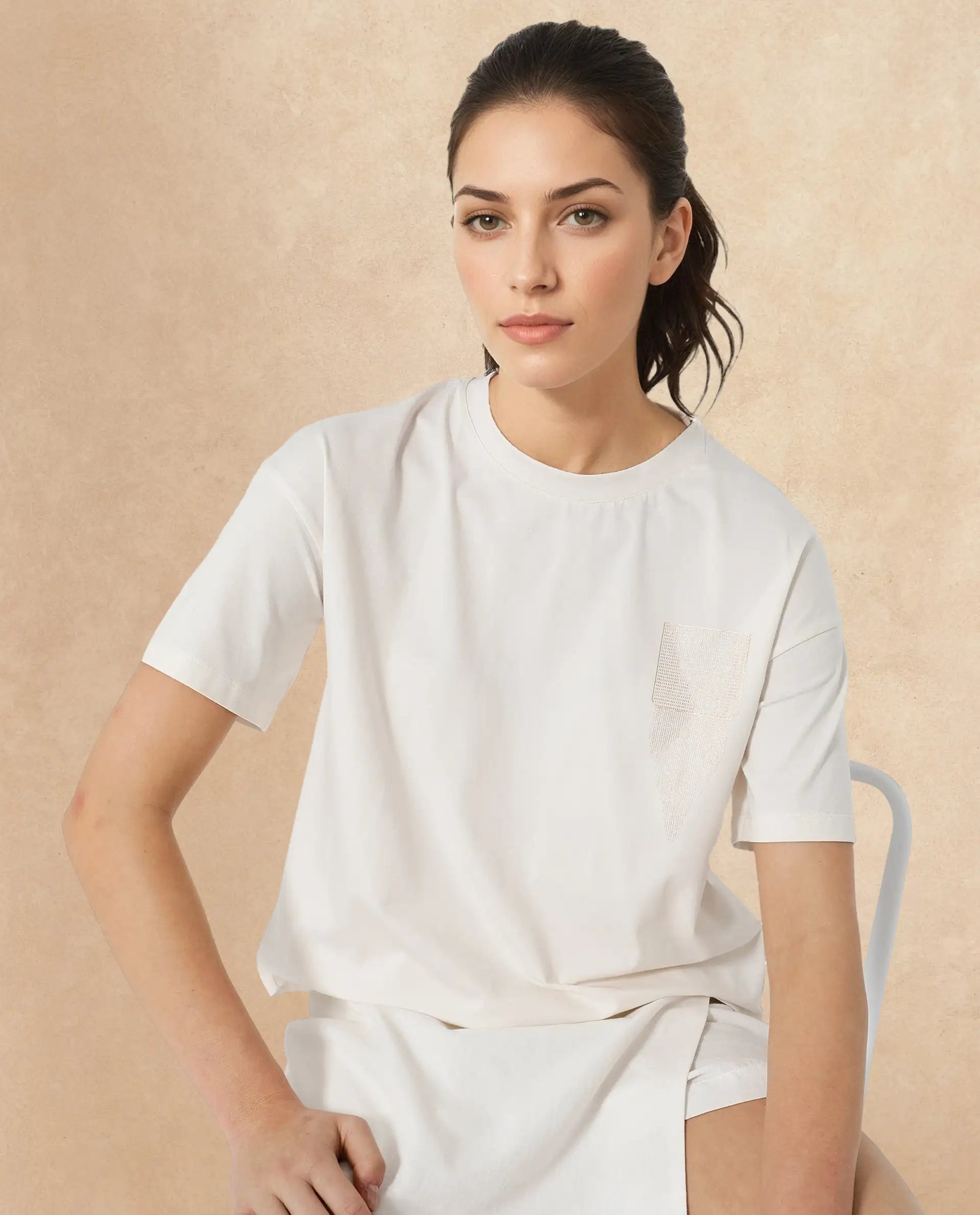 Rareism Women Glondit Off White Cotton Elastane Fabric Crew Neck Knit Solid T-Shirt