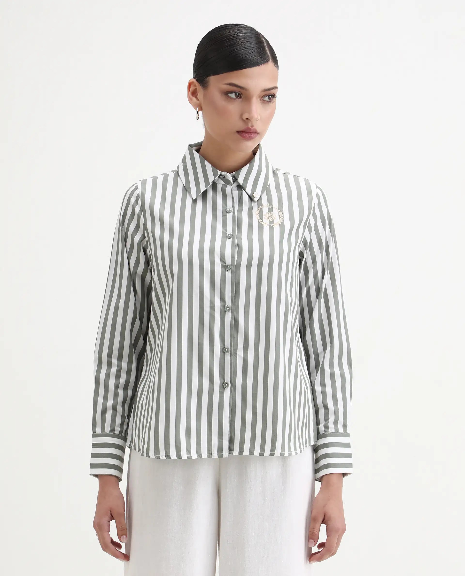 Rareism Women's Gloop Green Cotton Drop Collar Striped Cuffed Sleeve Regular Fit Shirt