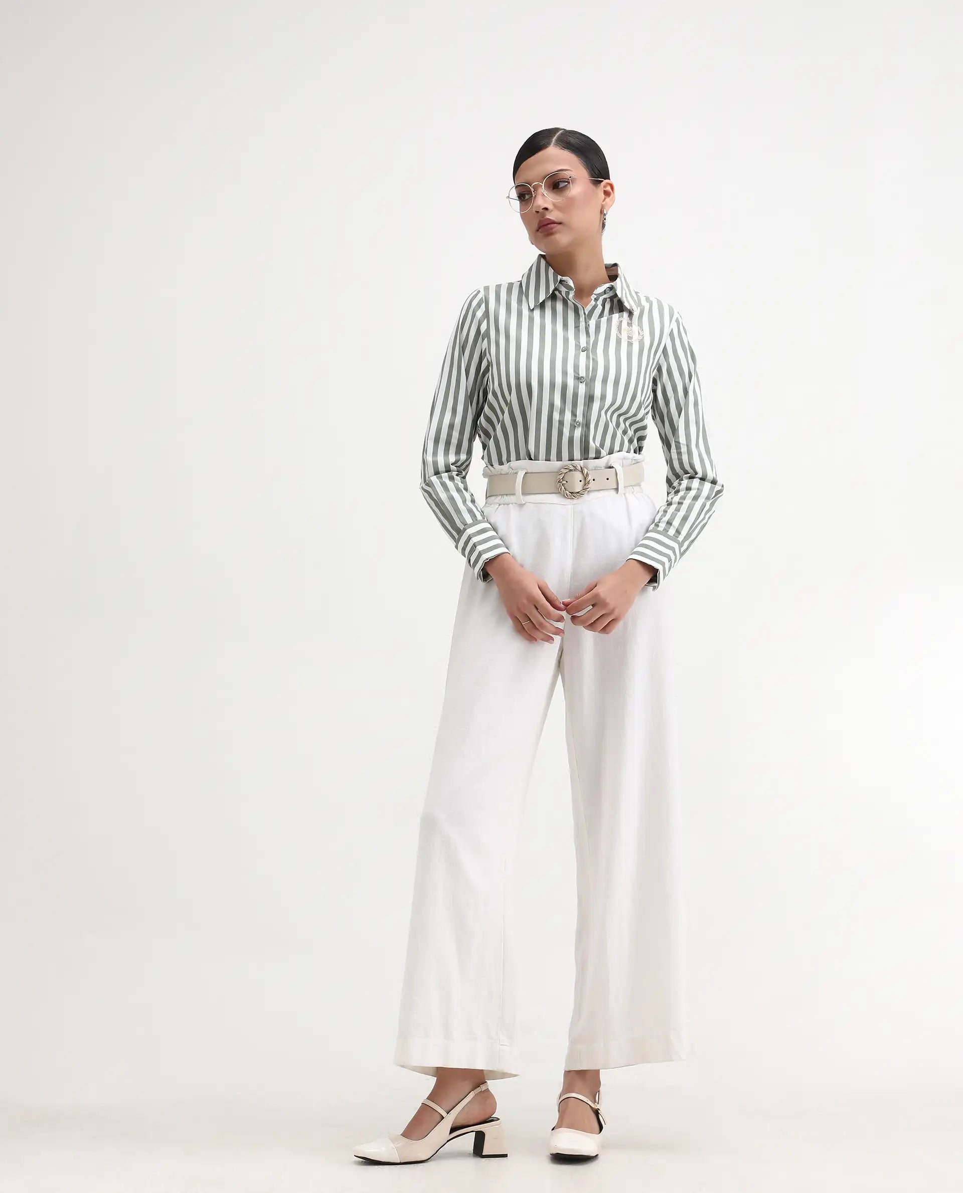 Rareism Women's Gloop Green Cotton Drop Collar Striped Cuffed Sleeve Regular Fit Shirt