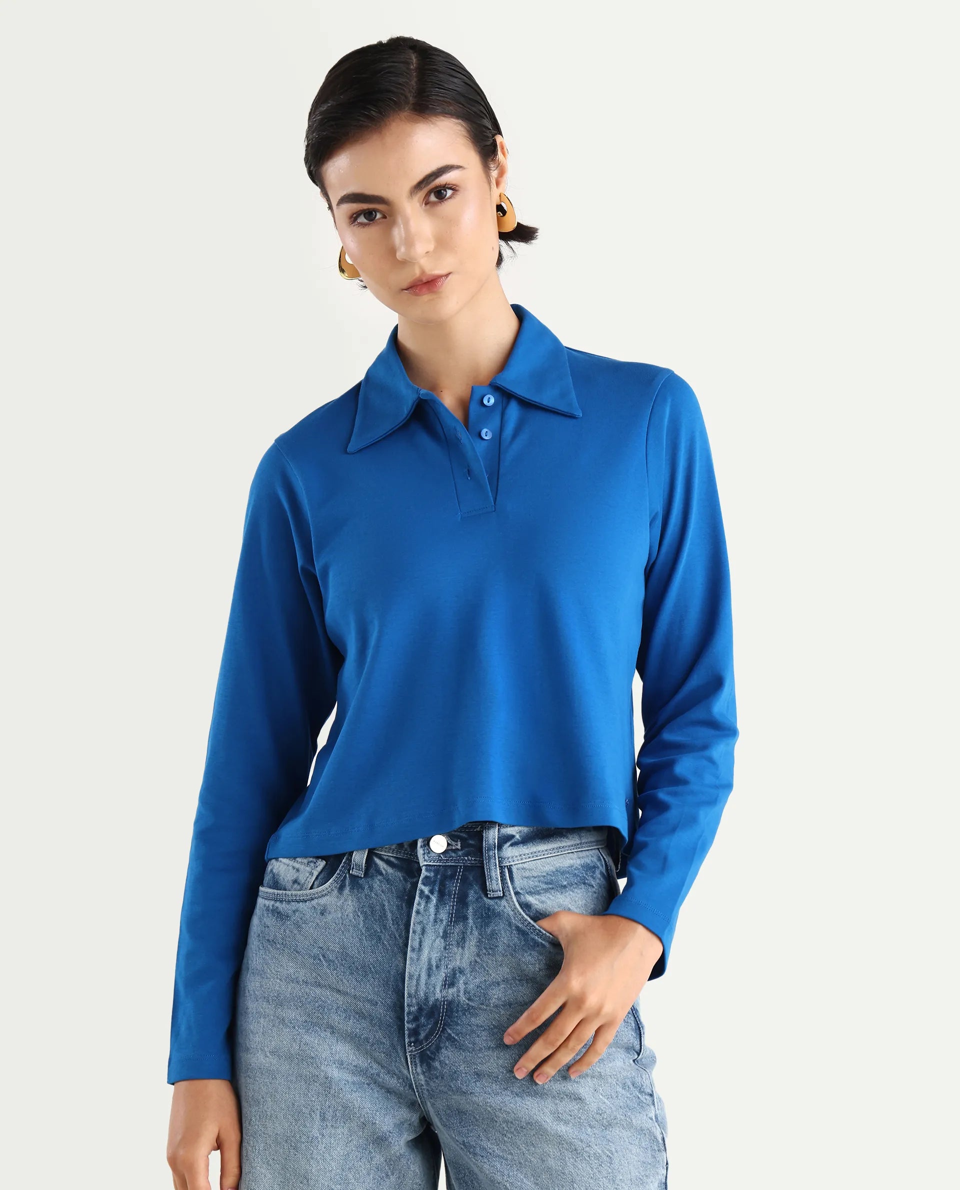 Rareism Women's Cotton Drop Collar Plain Regular Fit Top