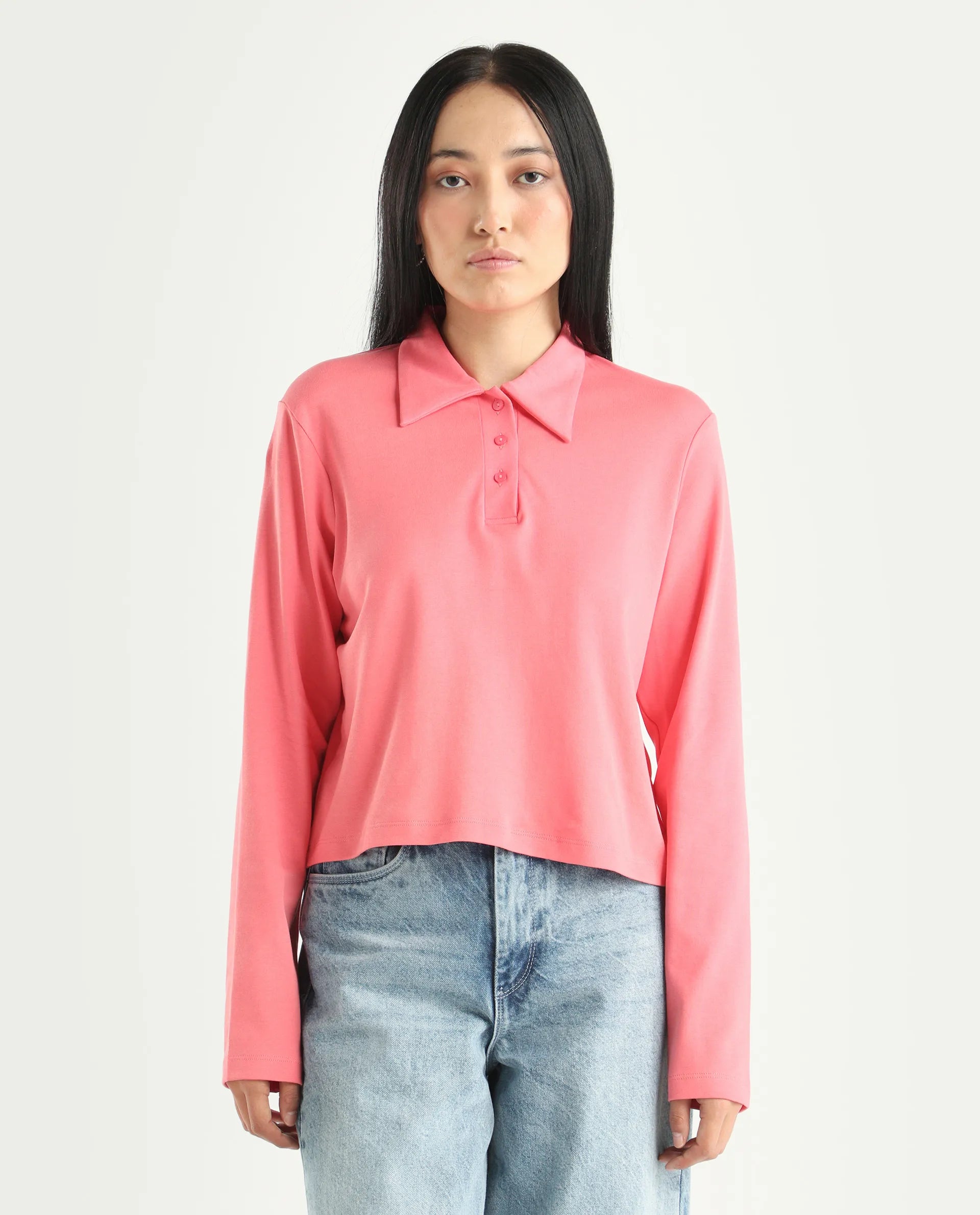Rareism Women's Cotton Drop Collar Plain Regular Fit Top