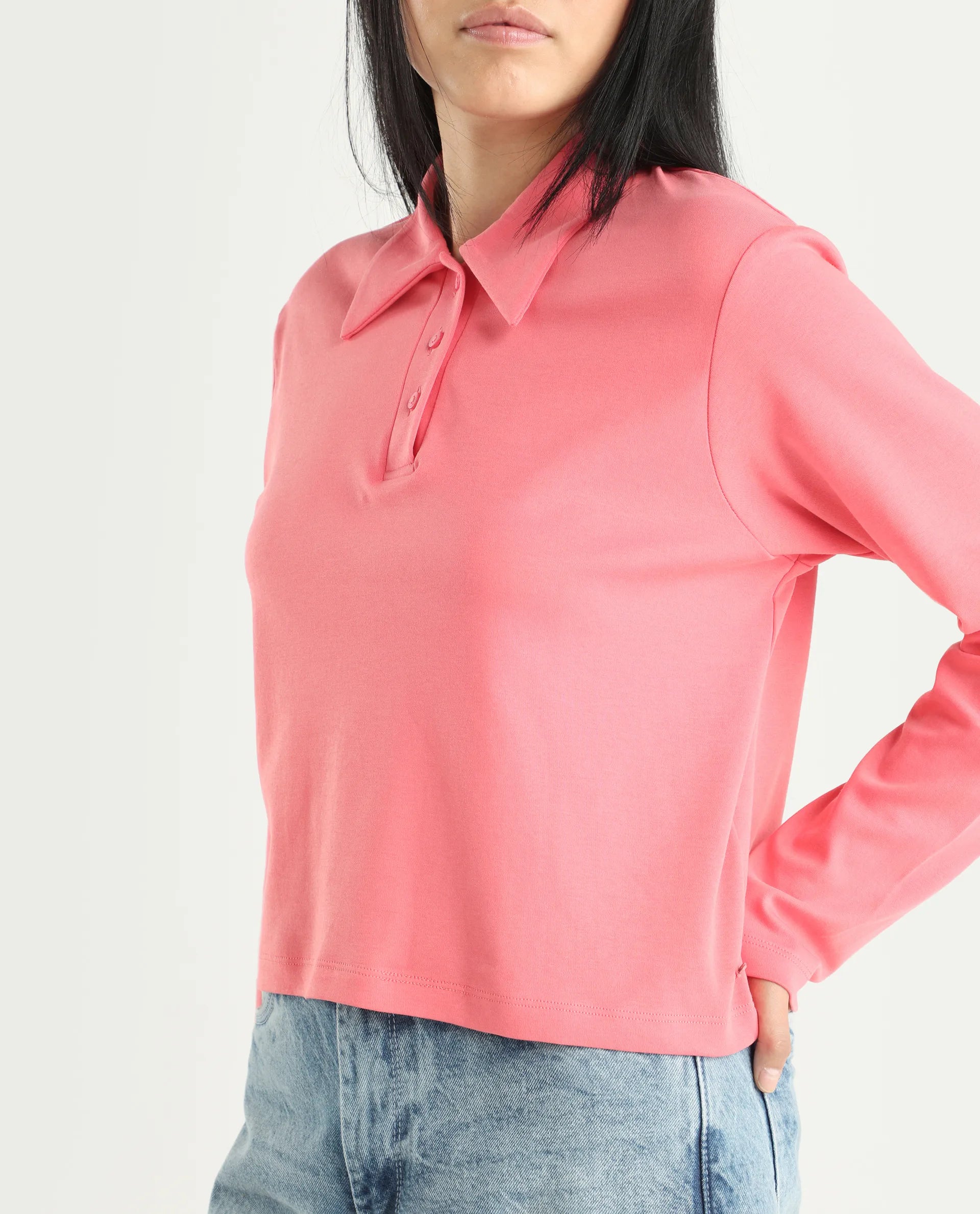 Rareism Women's Cotton Drop Collar Plain Regular Fit Top